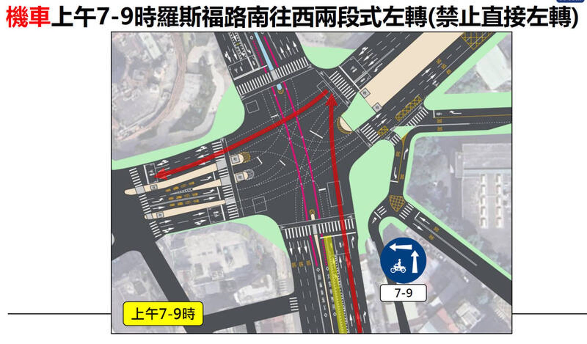 欲左轉的機車可兩段式左轉,或按汽車的替代動線行駛。(台北市交工處提供)