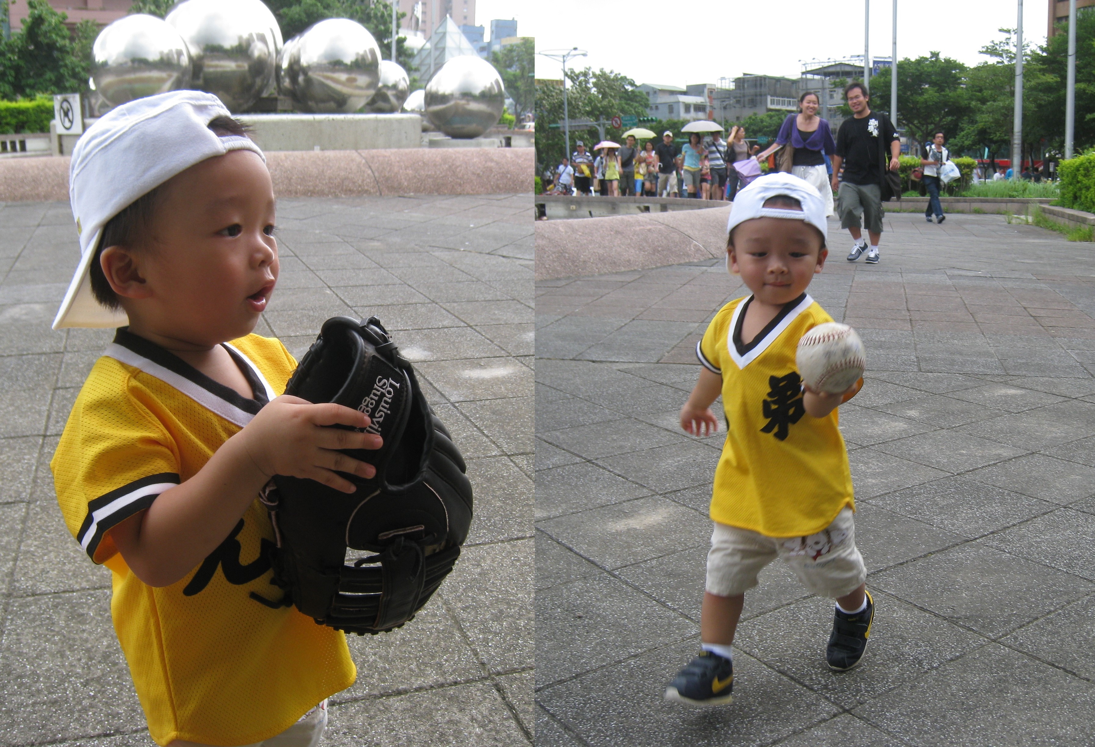 小徐磊手拿棒球、手套，身穿兄弟象球衣，模樣相當可愛。