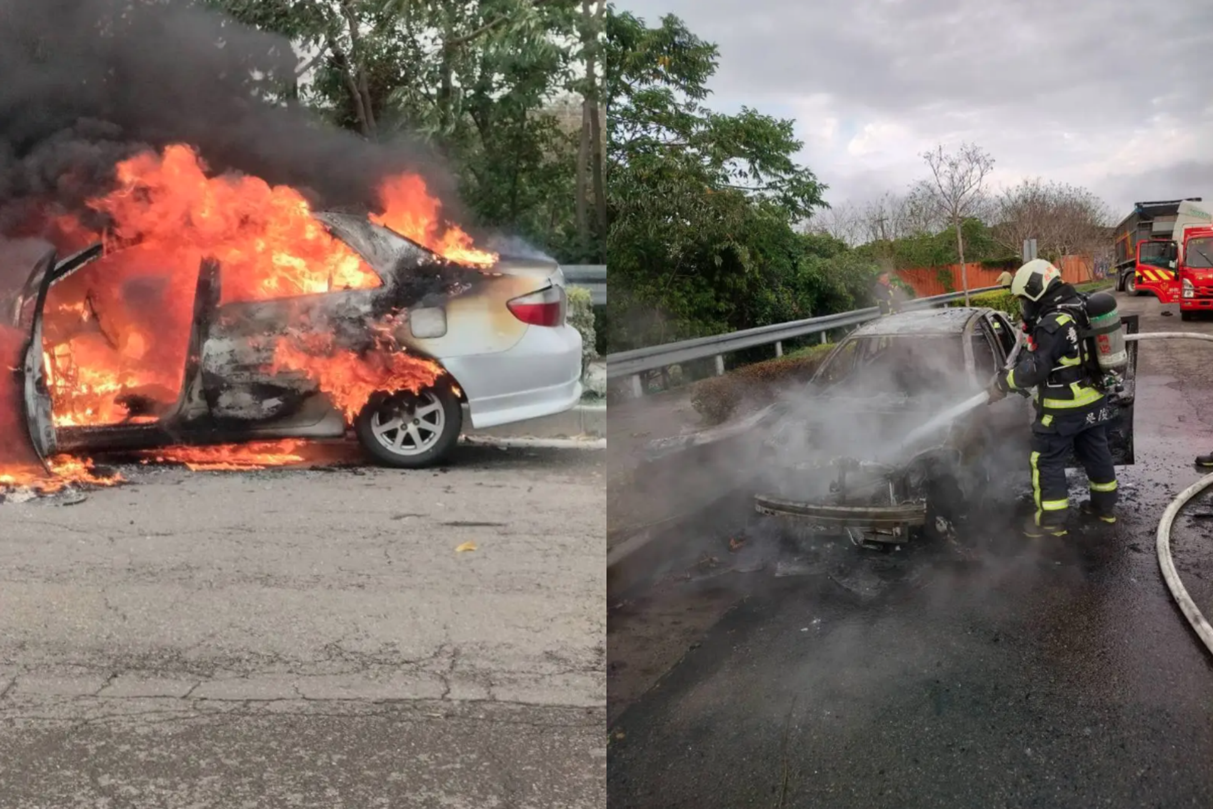 一對七旬夫婦今日駕車行經九甲六路、后科路交叉路口,車輛因不明原因起火燃燒。(翻攝畫面)