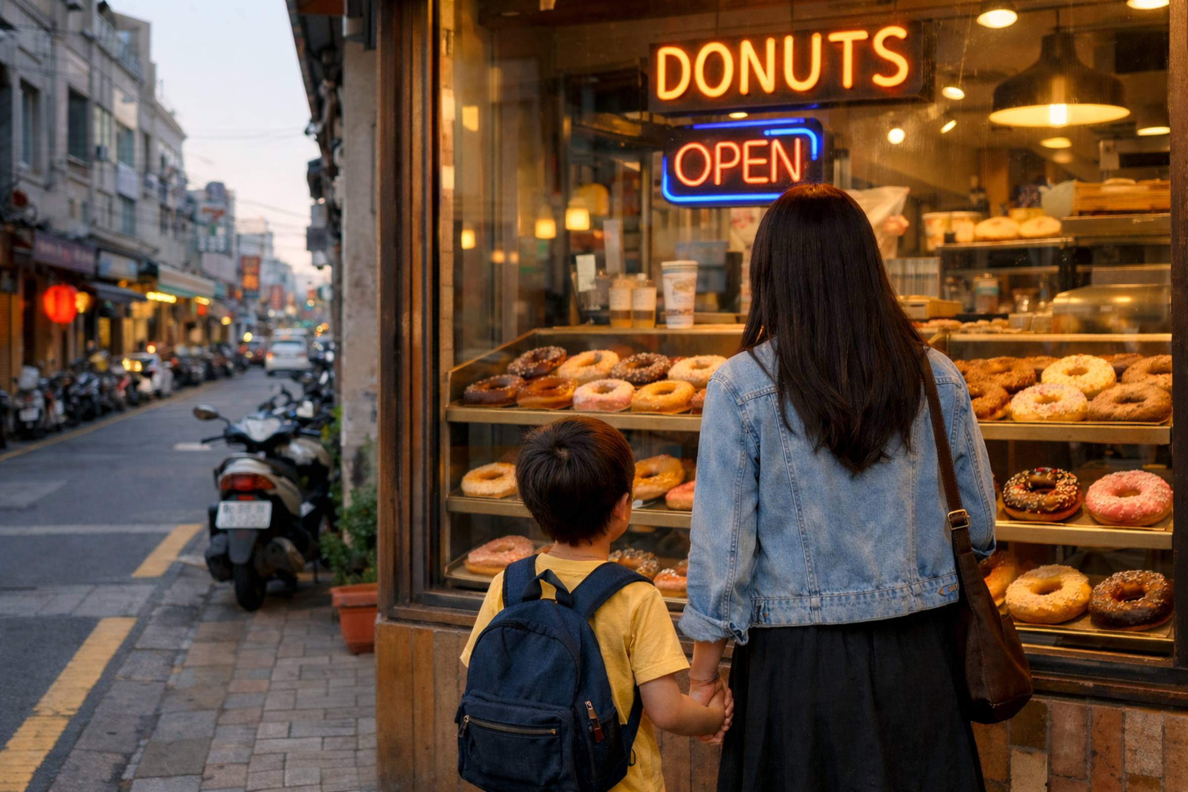一名家長帶著6歲小孩想要到甜甜圈店購買外帶，卻遭店家拒絕進入。（示意圖，ChatGPT生成）