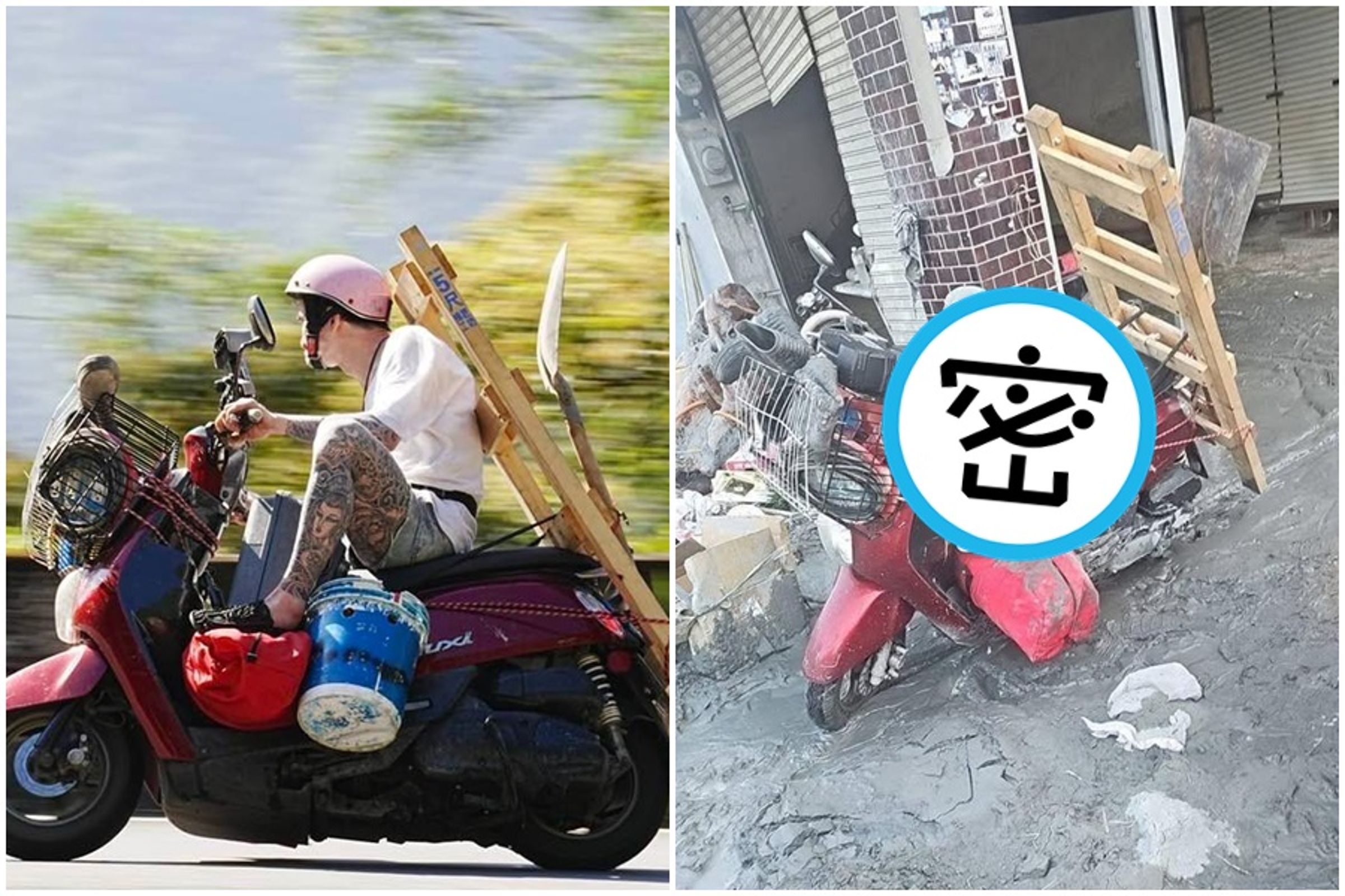 帥氣的刺青男被攝影師捕捉到救災前的帥氣身影。(翻攝自呂建興公開臉書)
