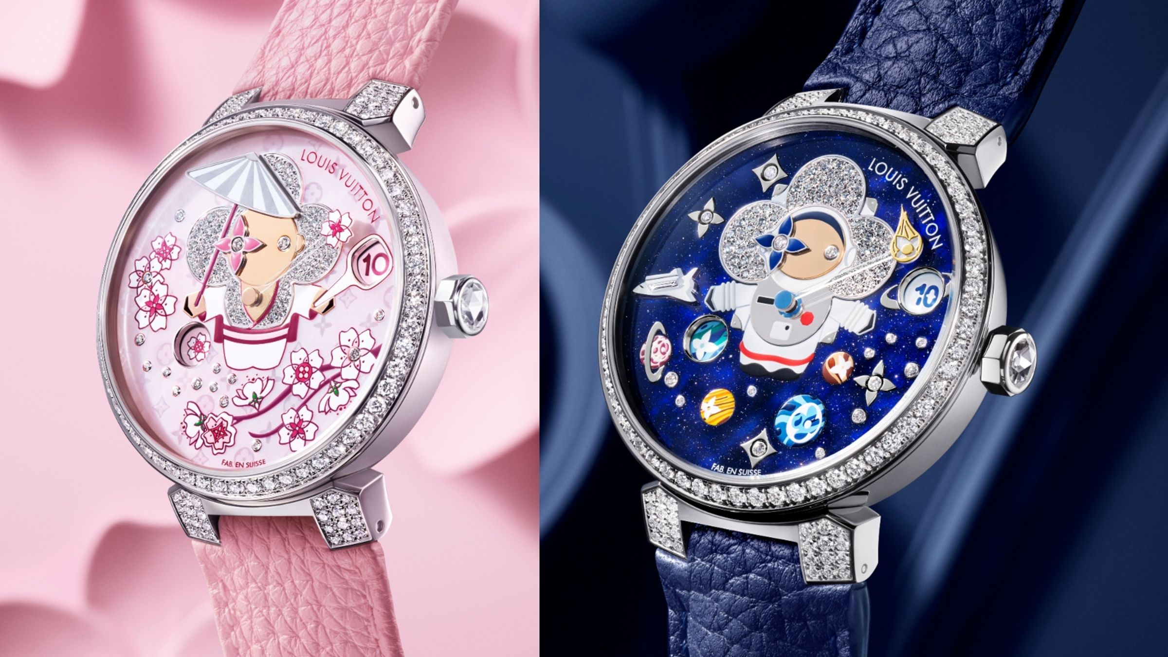 LV Tambour Slim Vivienne Jumping Hours｜錶徑38mm／18K白金材質／跳時、指針式分指示／LV 180自動上鍊機芯／動力儲存42小時／防水50米／定價NT$3,760,000