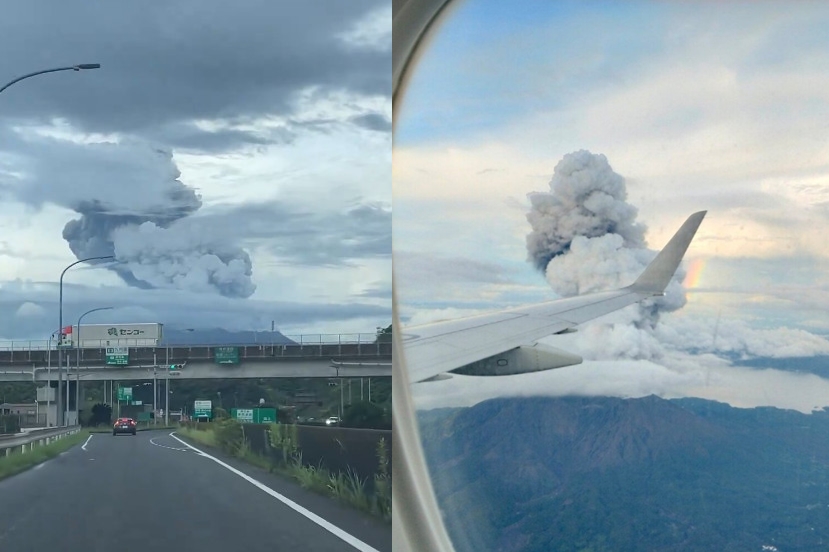 日本櫻島火山爆發，噴出的火山灰柱直衝4500公尺高空，震撼畫面被機上乘客即時捕捉。（翻攝X@deZabedrosky、@TWESC2023）