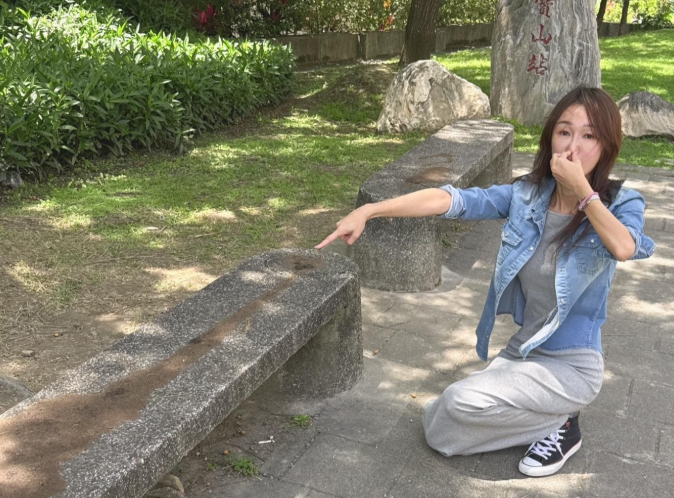 桃園市議員黃瓊慧指出，桃林鐵路連署點，入口5張石椅遭人惡意塗滿大便。（翻攝自黃瓊慧 桃園觀察日記臉書）