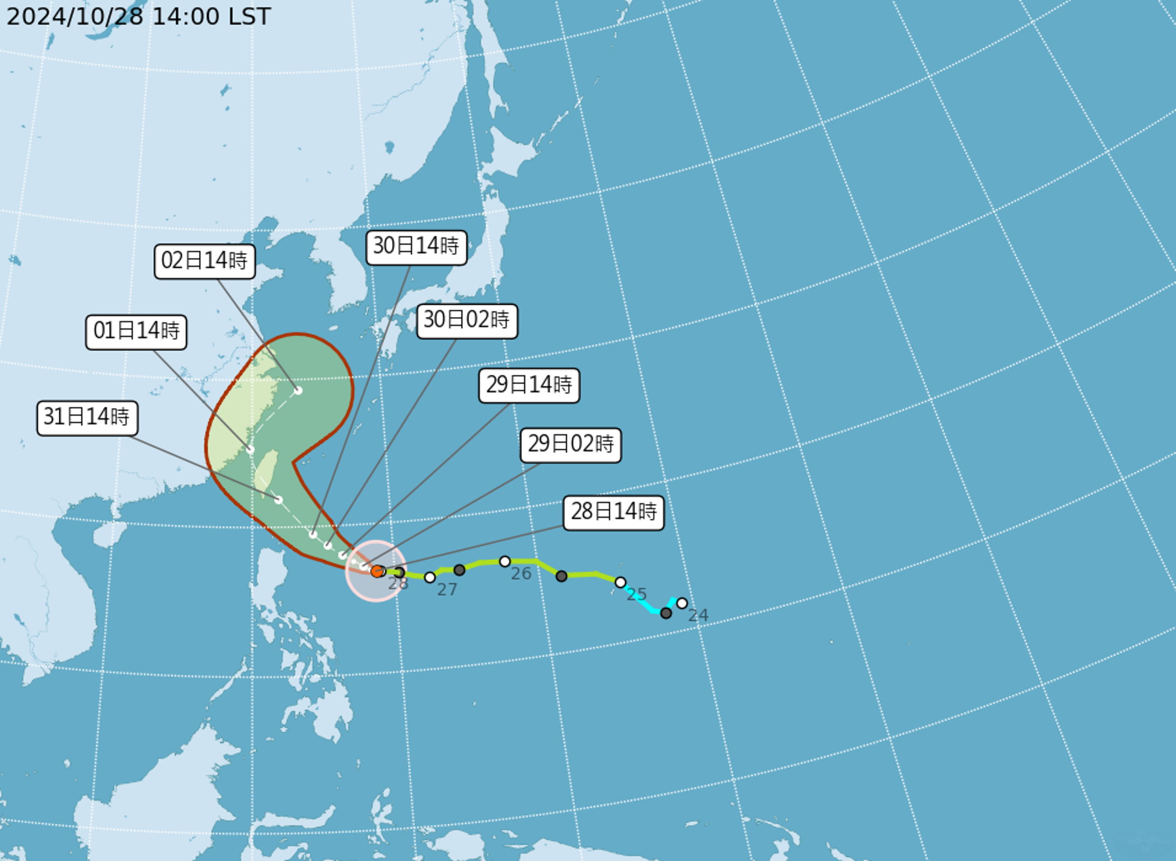 康芮颱風週四、週五對台灣影響最明顯。（中央氣象署提供）