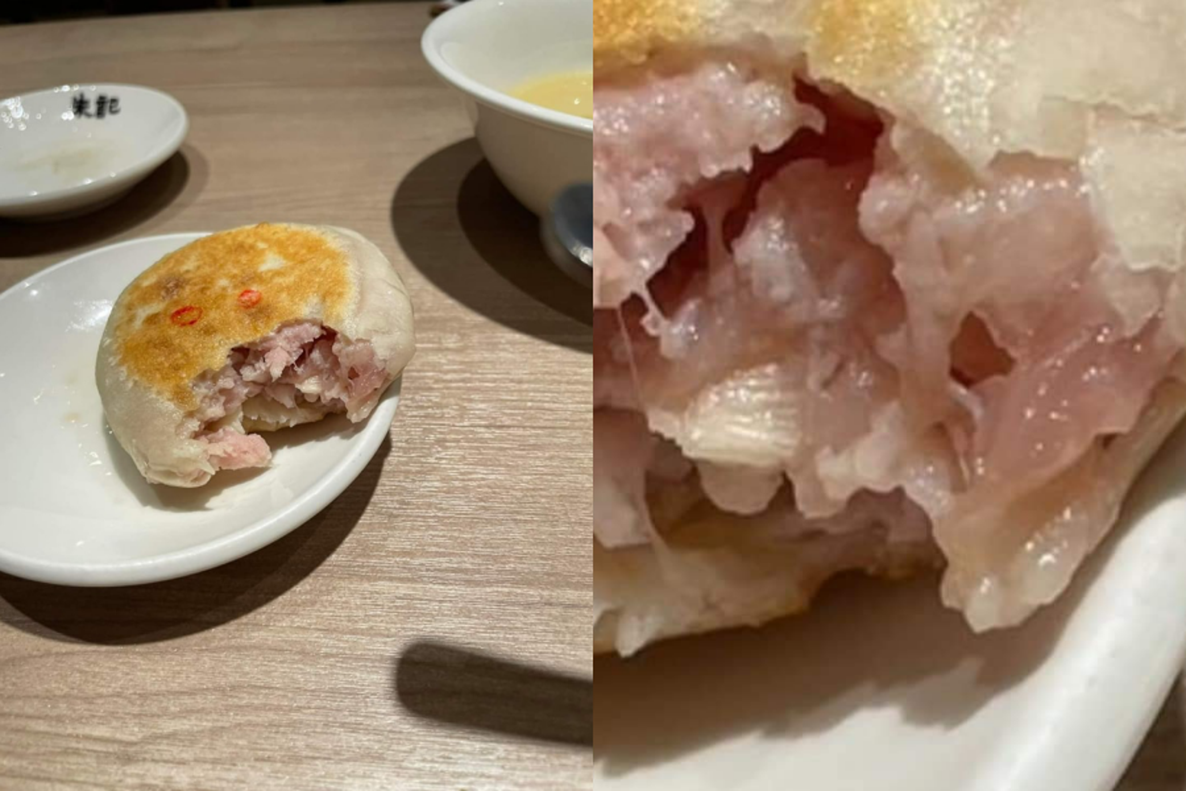 一名男子日前至信義遠百的朱記餡餅粥店用餐,竟然吃到生豬肉餡餅。(翻攝自爆料公社臉書)