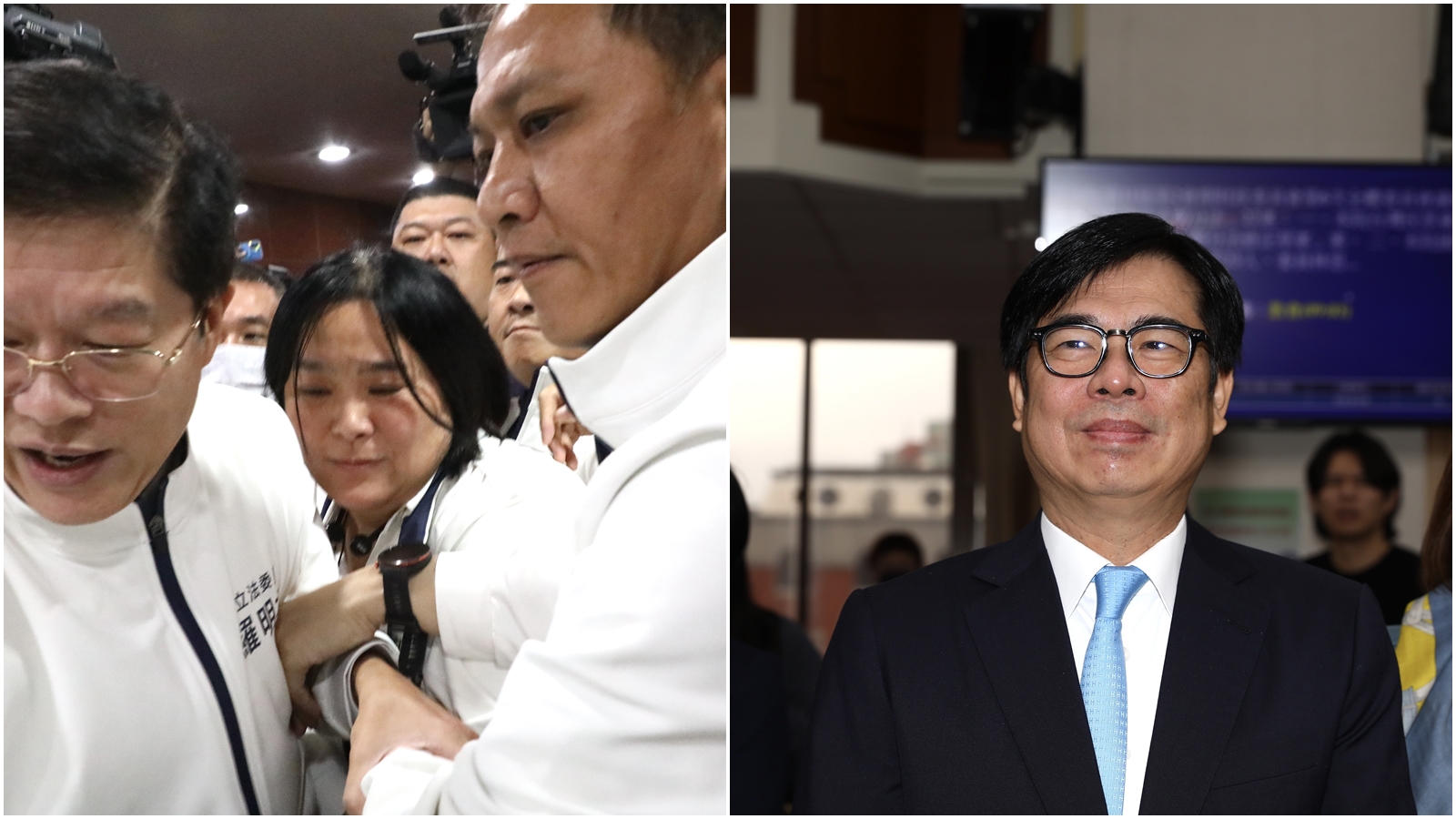 《財劃法》僅花3分鐘就將法案送出委員會，陳玉珍（左）在藍委保護下離開，而白跑一趟的陳其邁（右）顯得很無奈。