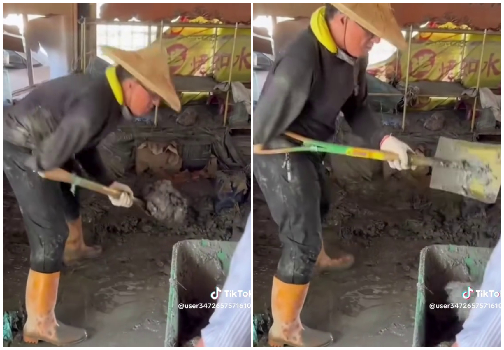 「獨臂超人」單手鏟泥，動作俐落。（翻攝TikTok／@user34726575716105）