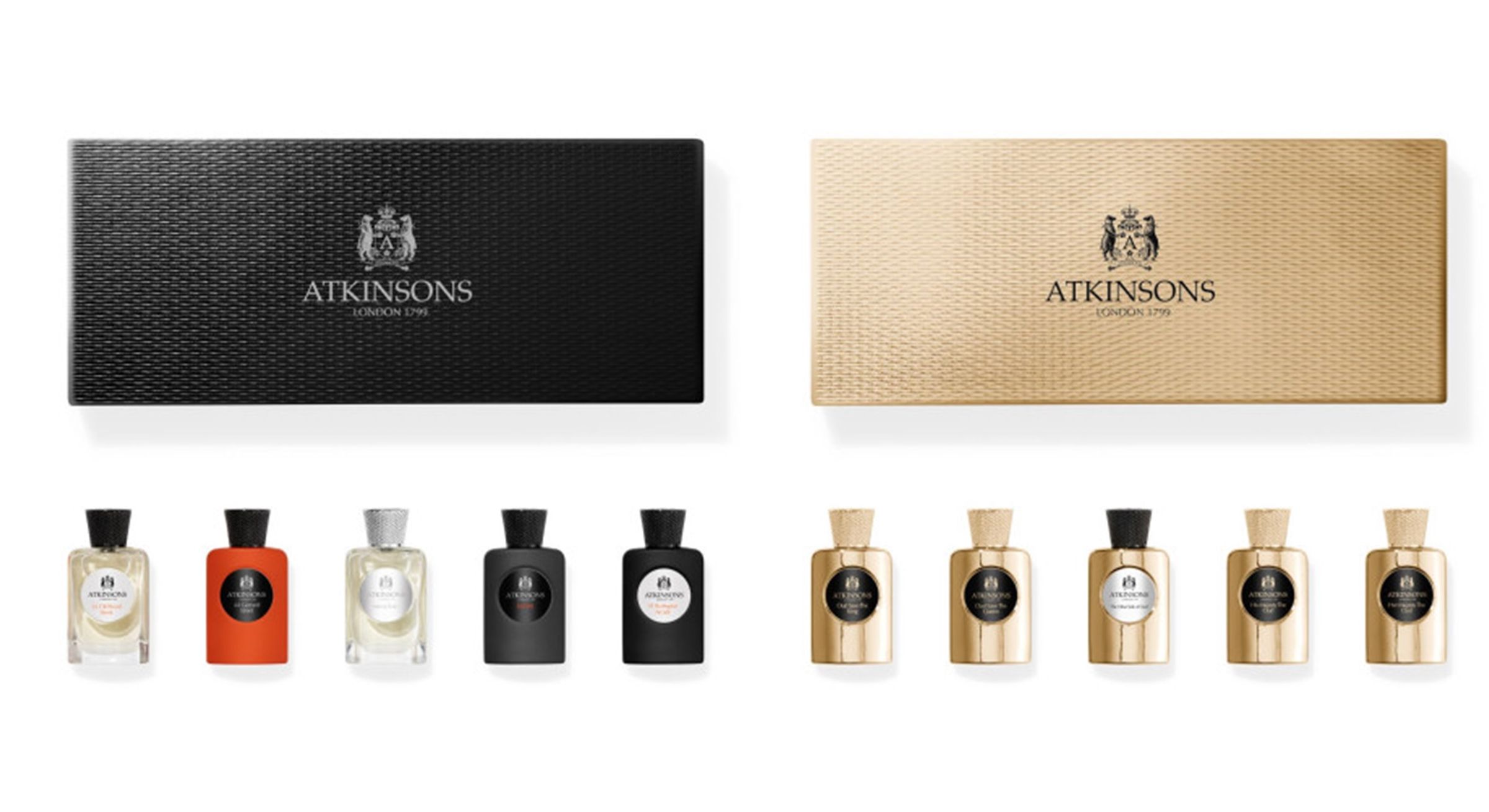 ATKINSONS阿特金森(左)英倫典藏迷你淡香精5件組,匯集五款品牌的經典香氣,讓你能一次擁有充滿英倫風的木質與花香調;(右)皇家沉香迷你淡香精5件組,以東方沉香為主調,融合木質香調,展現濃郁而深邃的香氣,兩款都蘊含品牌的百年傳承的歷史精髓,成為送禮、自用最佳選擇!