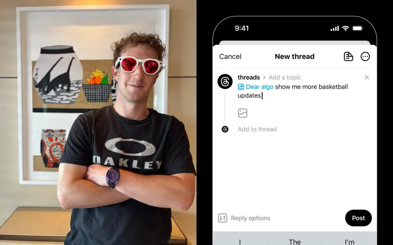 Threads測試「Dear Algo」功能，用戶可用貼文指令調整個人化動態牆，喜歡或不想看到的內容都能優化，限時試驗正式展開。（翻攝自Threads/zuck、conno_r）
