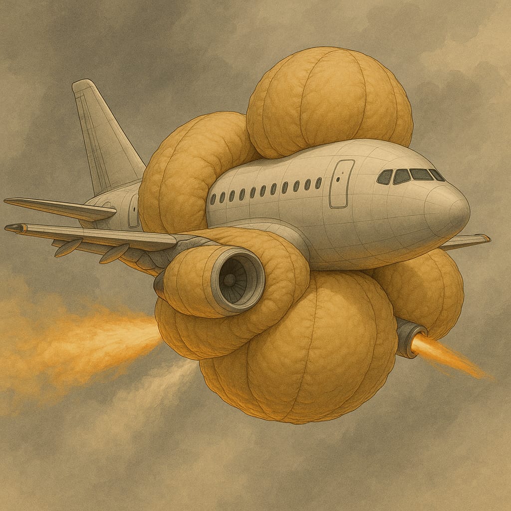 AI示意圖顯示，飛機在引擎故障時，巨型氣囊迅速膨脹，將整架機身包裹成「防護繭」，降低墜地衝擊力。（翻攝jamesdysonaward.org）