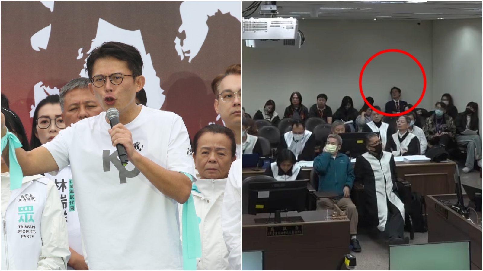 隨著柯案言詞辯論開庭影片公開，黃國昌（紅圈處）遭質疑旁聽時睡著了。（合成圖；鏡報董孟航、翻攝「臺北地院刑事科」YT）
