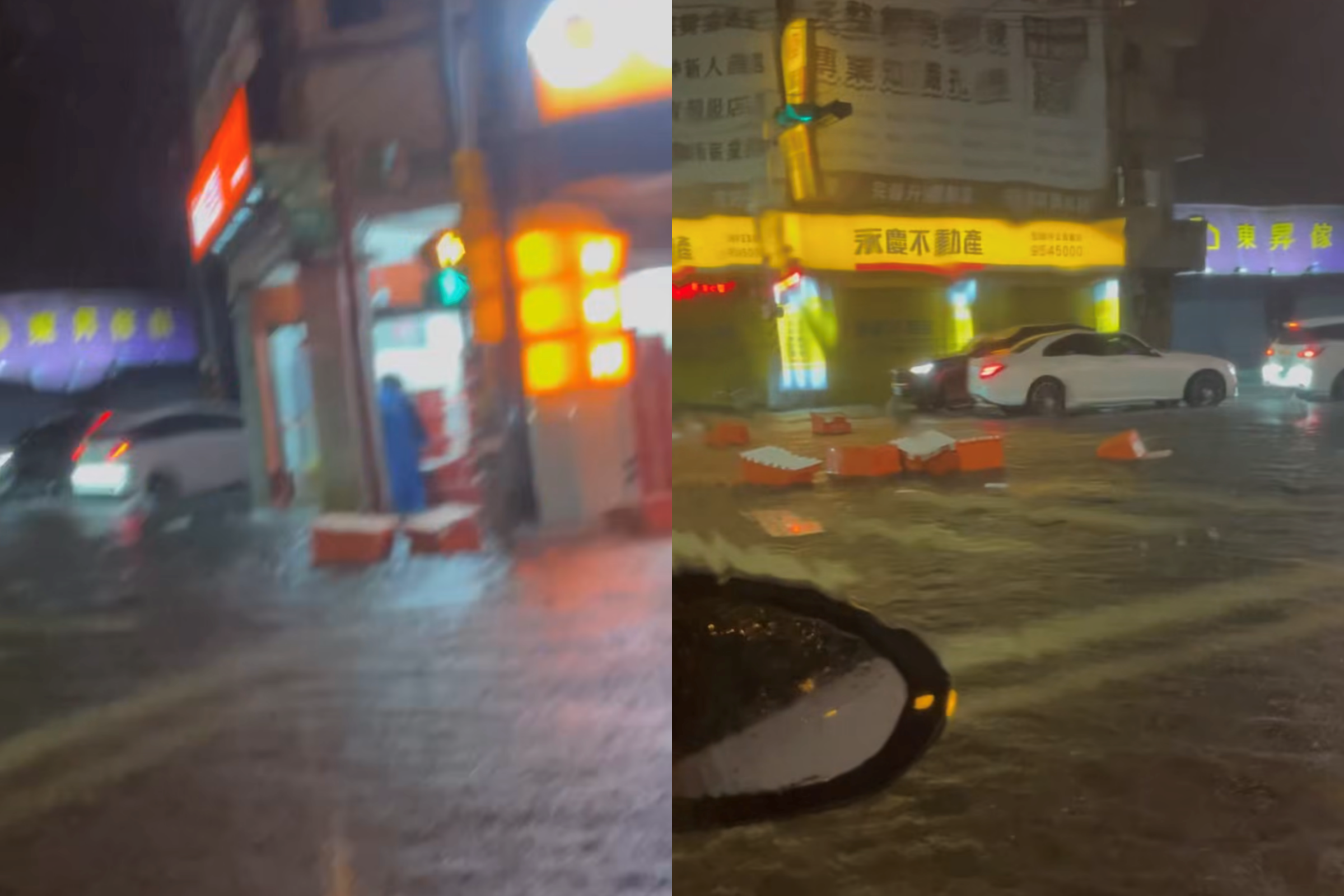 宜蘭一處蝦皮店到店門市遭洪水灌入，一箱一箱的包裹飄上大街。（翻攝threads@lzh__06）