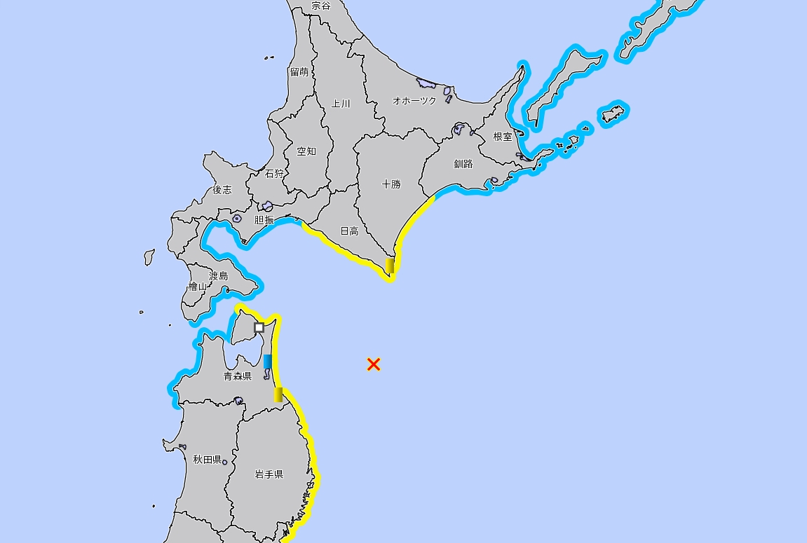 北海道、青森等太平洋沿岸地區在地震過後發布海嘯警報。（翻攝自日本氣象廳）