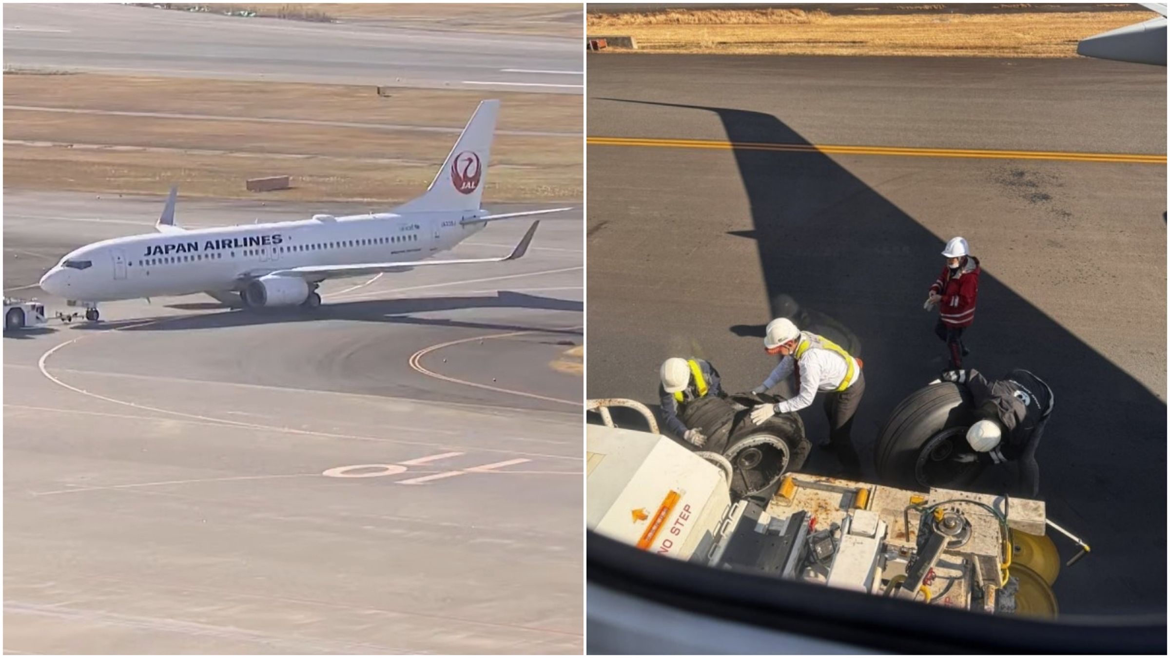日航班機出包,機輪(右圖)可見嚴重爆胎。(翻攝YT直播、X)
