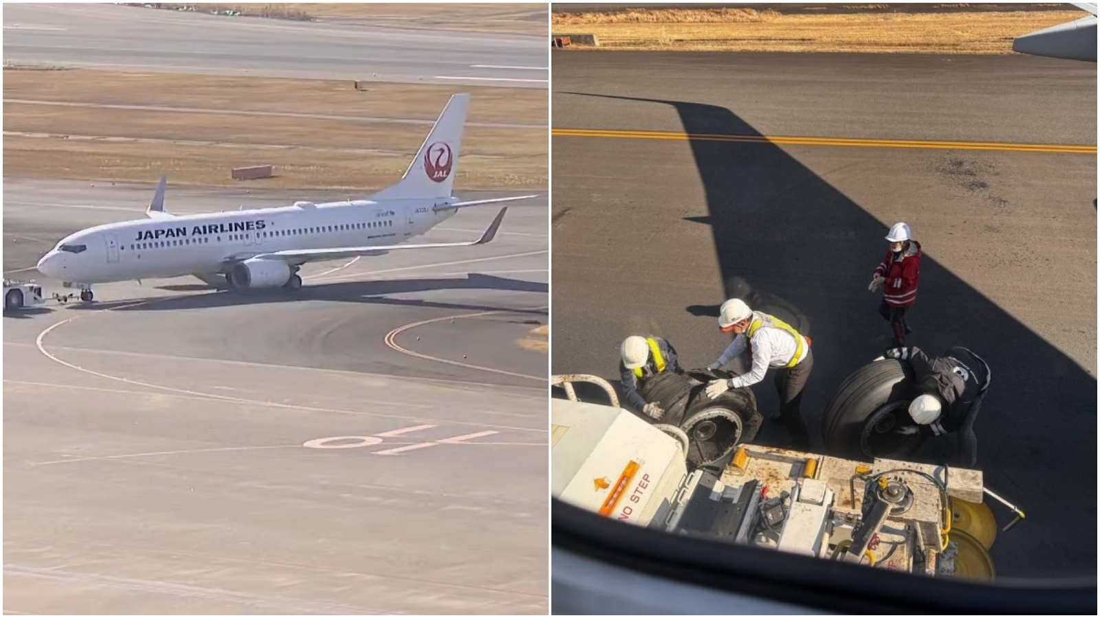 日航班機出包，機輪（右圖）可見嚴重爆胎。（翻攝YT直播、X）