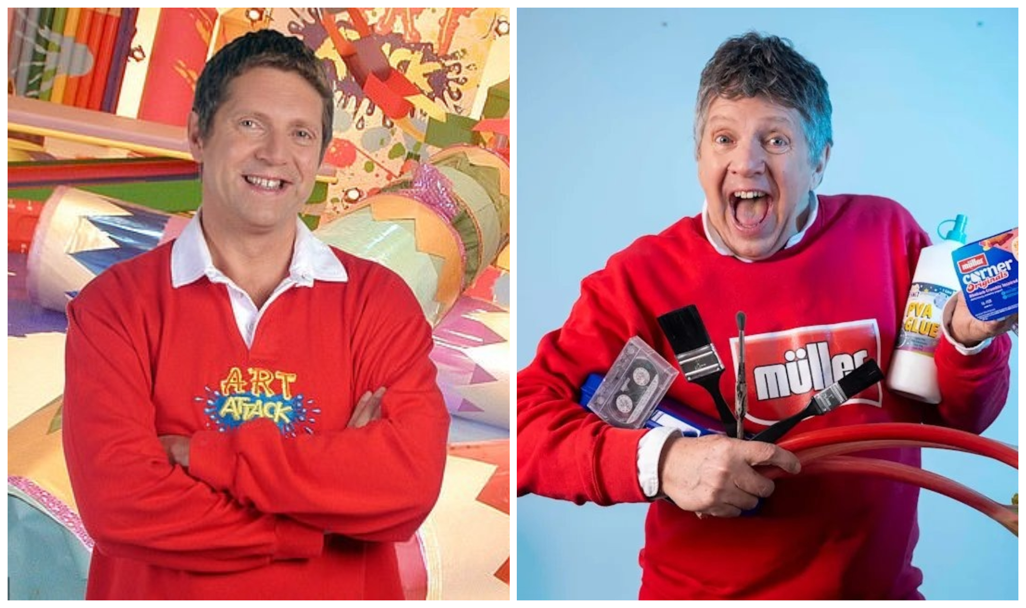 尼爾布坎南睽違近20年重返螢幕，左為《動手玩創意》全盛時期畫面，右為69歲近況，紅色上衣幾乎成為他的招牌造型，掀起網友回憶殺。（翻攝ITV／Müller Corner）