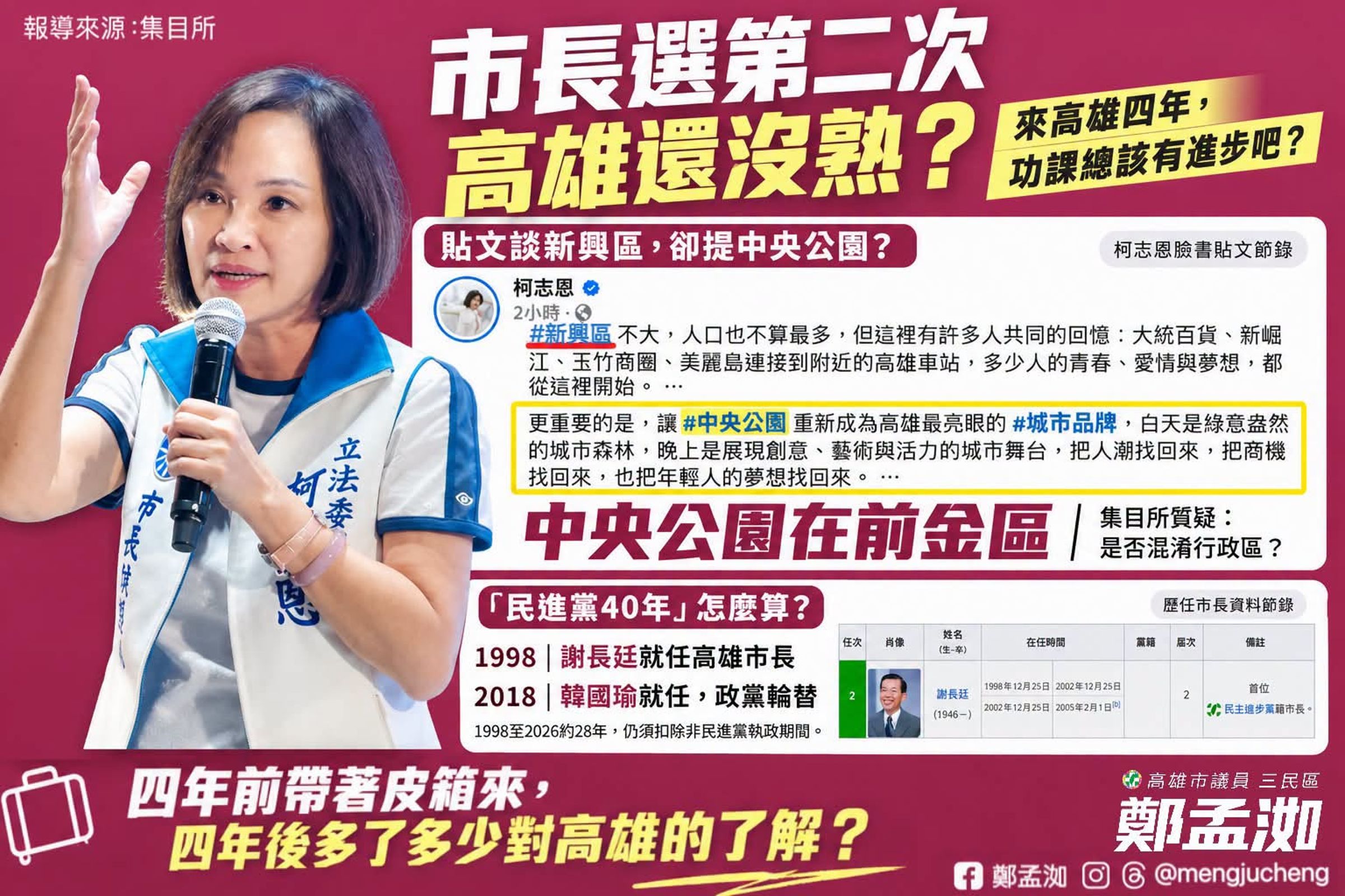 柯志恩日前參與造勢時,將位於高雄市前金區的中央公園講成新興區,遭媒體及民代諷刺對城市不熟。 (翻攝鄭孟洳臉書)