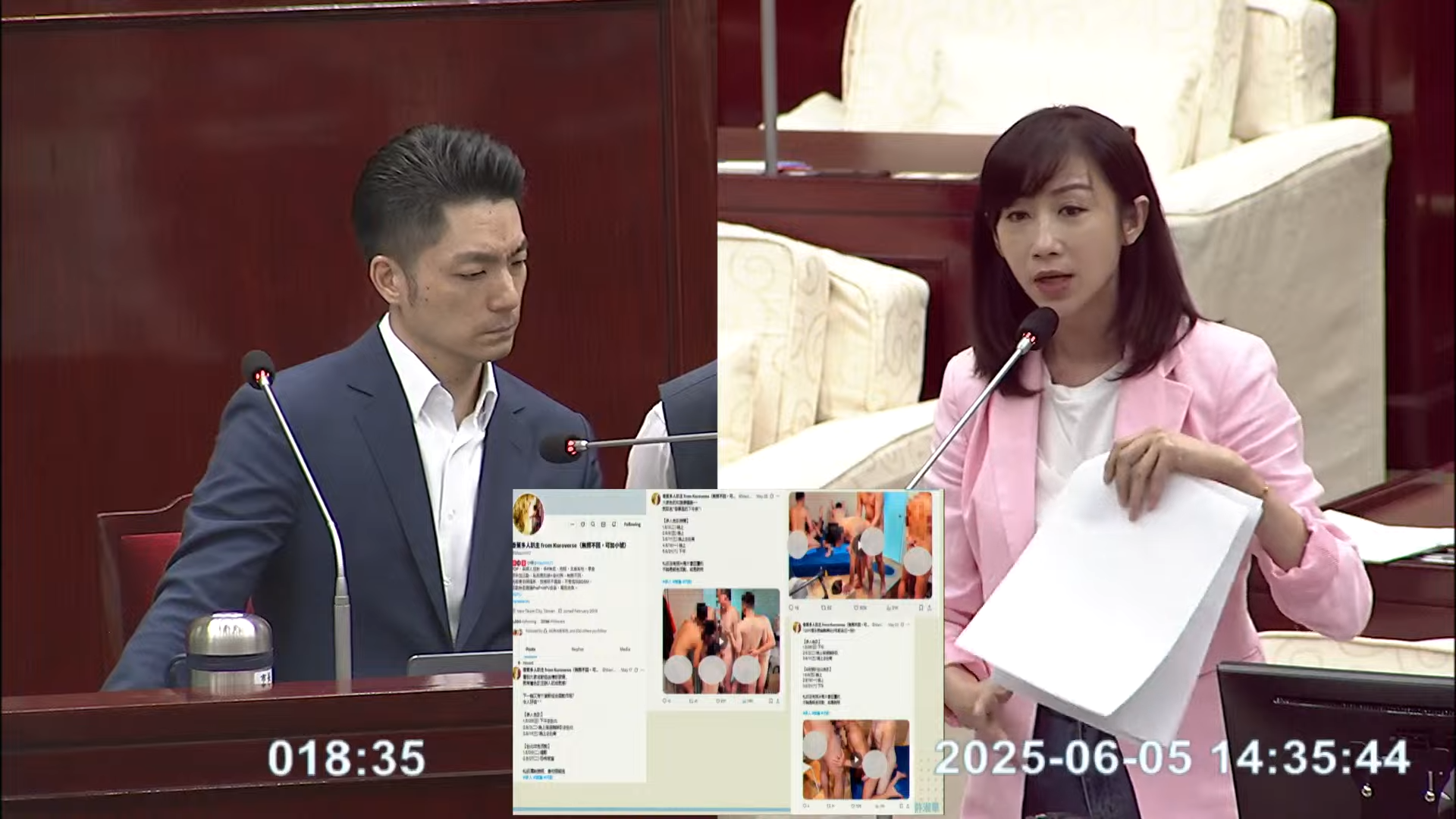 北市議員許淑華（右）今在議會質詢，表示社群平台上有帳號發文徵求未成年參與性愛趴，要台北市長蔣萬安（左）管一管。（翻攝自台北市議會YouTube頻道）