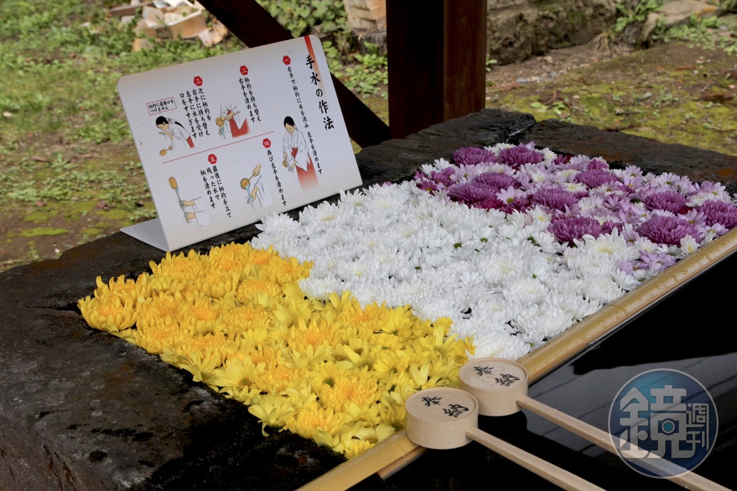 土津神社的手水舍很特別，以當季供奉的鮮花擺出美麗的「花手水」。
