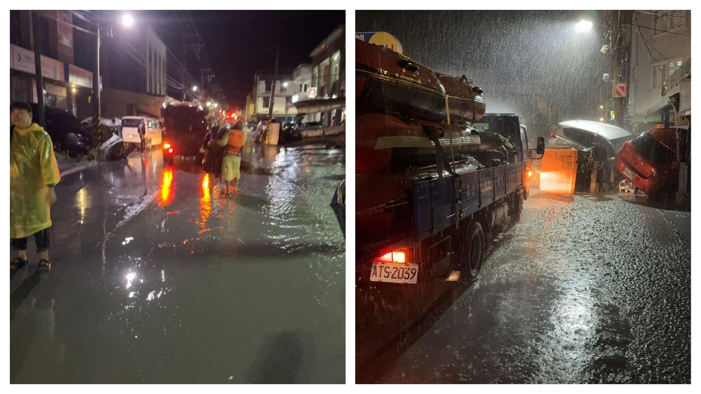 即使救援人員迅速趕抵,但入夜仍下著恐怖大雨,街上仍然泥流滾滾。(翻攝自臉書@胡仁順-花蓮縣議員 )