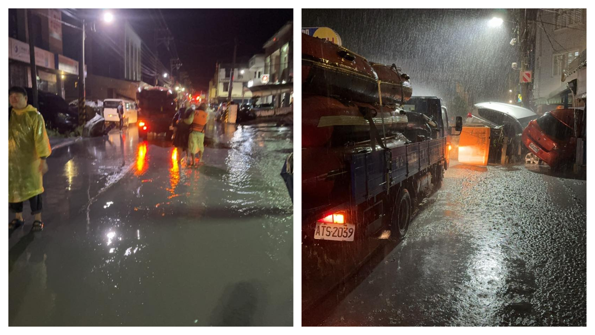 即使救援人員迅速趕抵,但入夜仍下著恐怖大雨,街上仍然泥流滾滾。(翻攝自臉書@胡仁順-花蓮縣議員 )