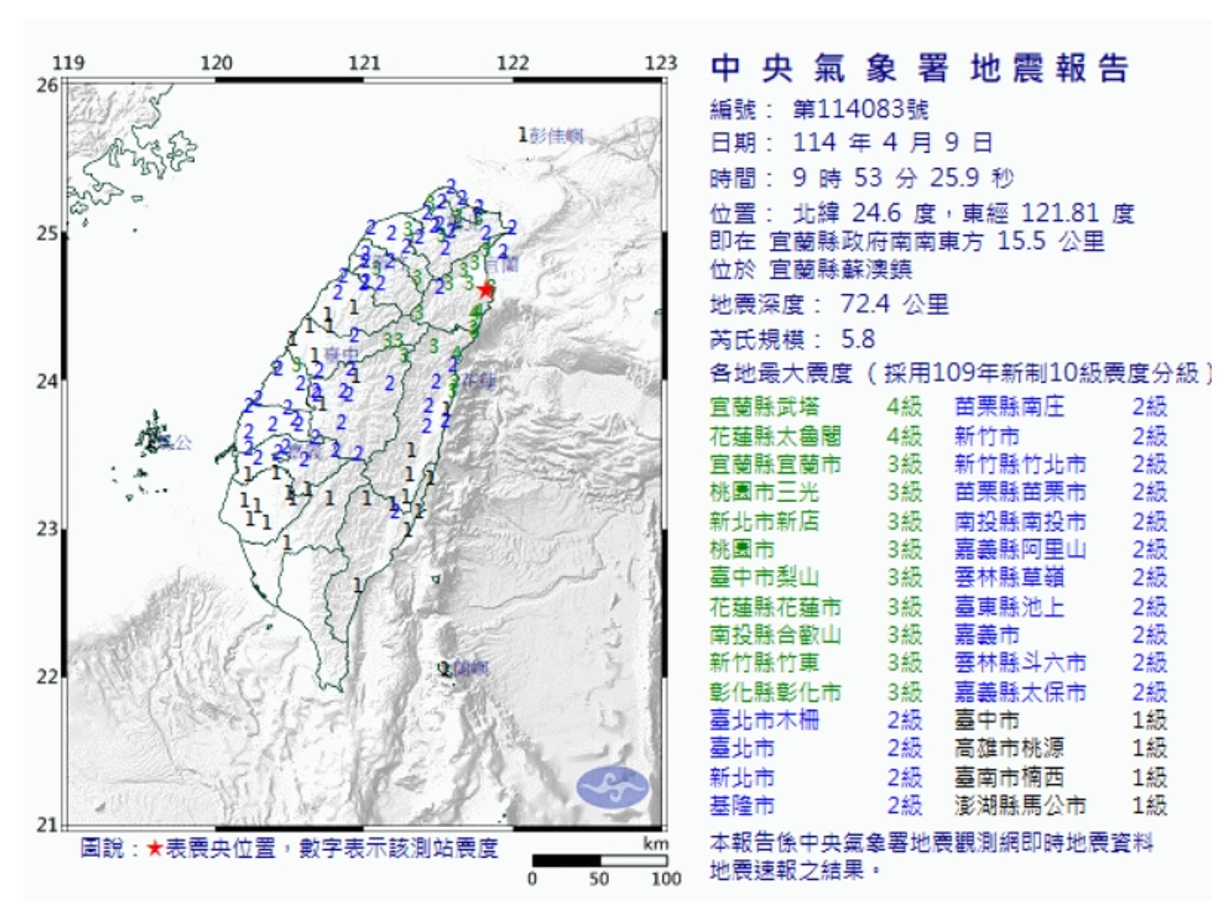 9點53分地震規模 5.8,震央在宜蘭縣政府南南東方15.5 公里。(翻攝自氣象署官網)