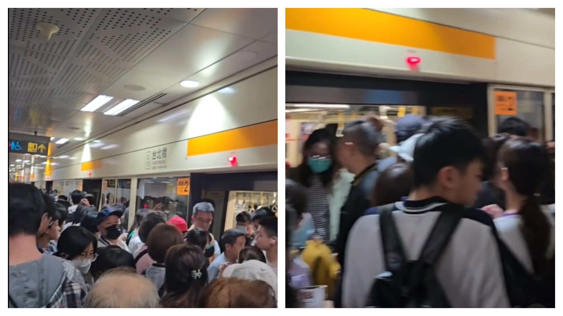 台北捷運「中和新蘆線」往南勢角方向的列車，台北橋站發生故障，導致通勤族被擠在月台上進退兩難。（翻攝自threads@jingfeng0156）