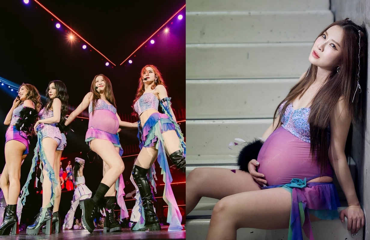 泰國女團Girly Berry今年10月的演出，成員Gybsy挺著超大孕肚一起唱跳，堪稱「地表最強孕婦」。（翻攝Gybsy INS)