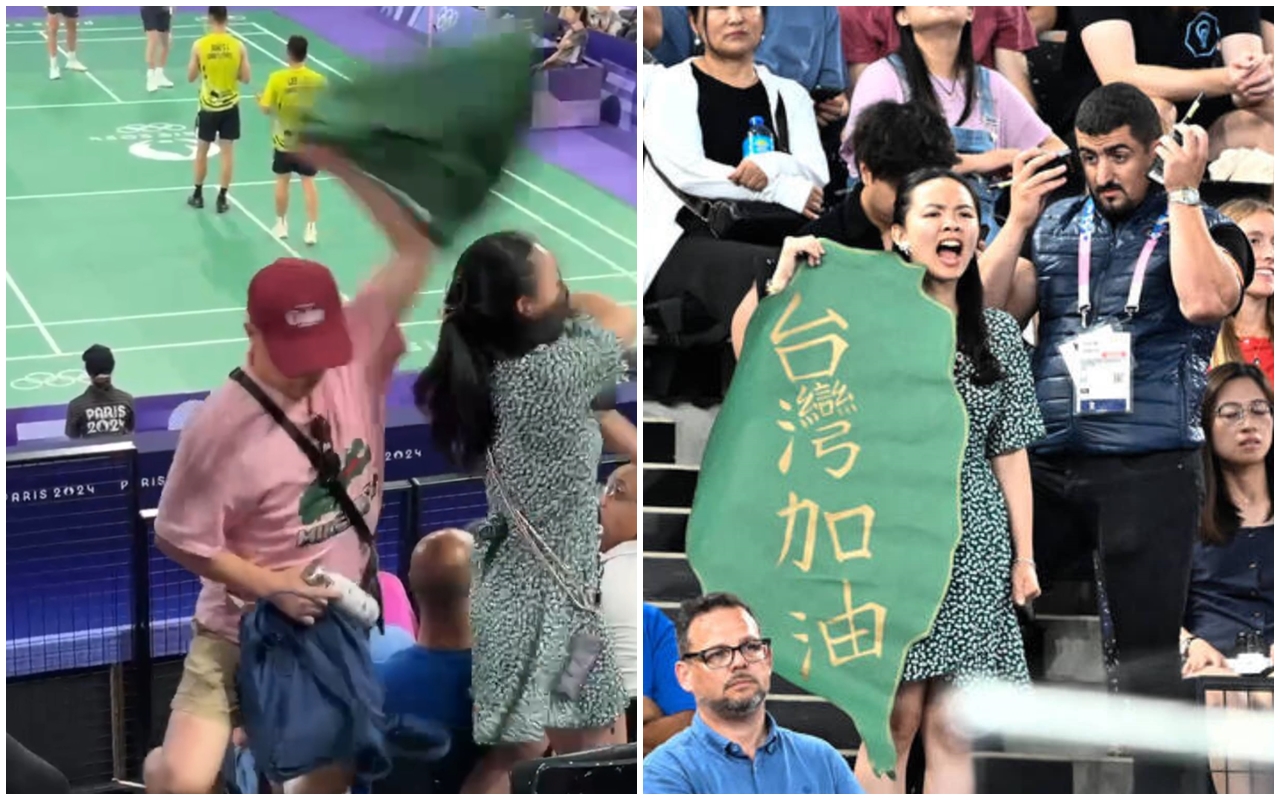 有位台灣女性球迷手持「台灣加油」應援海報，結果遭疑中國人搶暴力硬搶。（翻攝自threads／吳志中臉書）