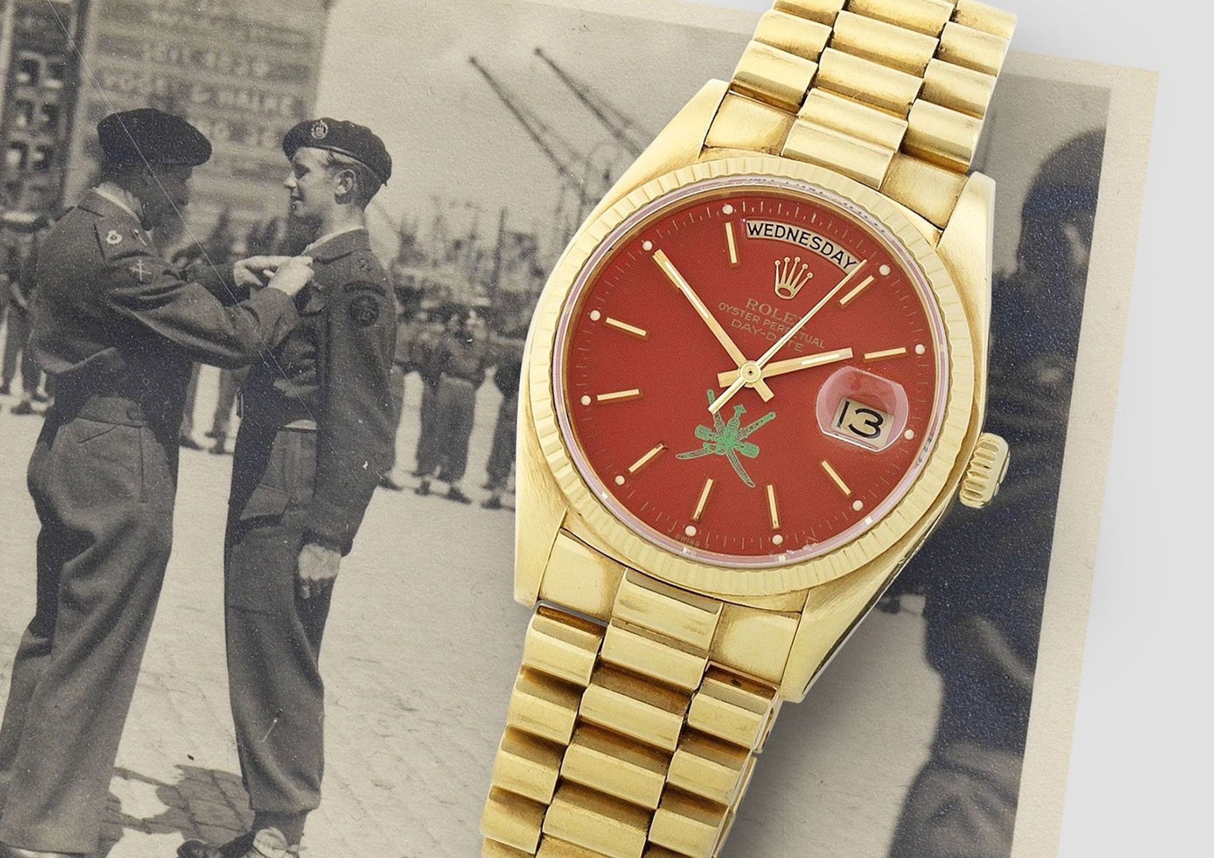 前阿曼武裝部隊司令擁有的ROLEX Day-Date 「Omani Khanjar Dial」金錶。圖片來源：Bonhams。