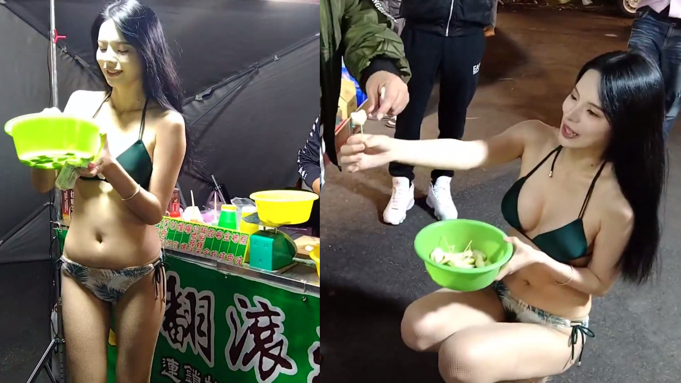 比基尼辣妹頂寒風，在夜市叫賣芭樂。（翻攝臉書粉專「翻滾鴉特殊甘草芭樂粉絲專業社團」）