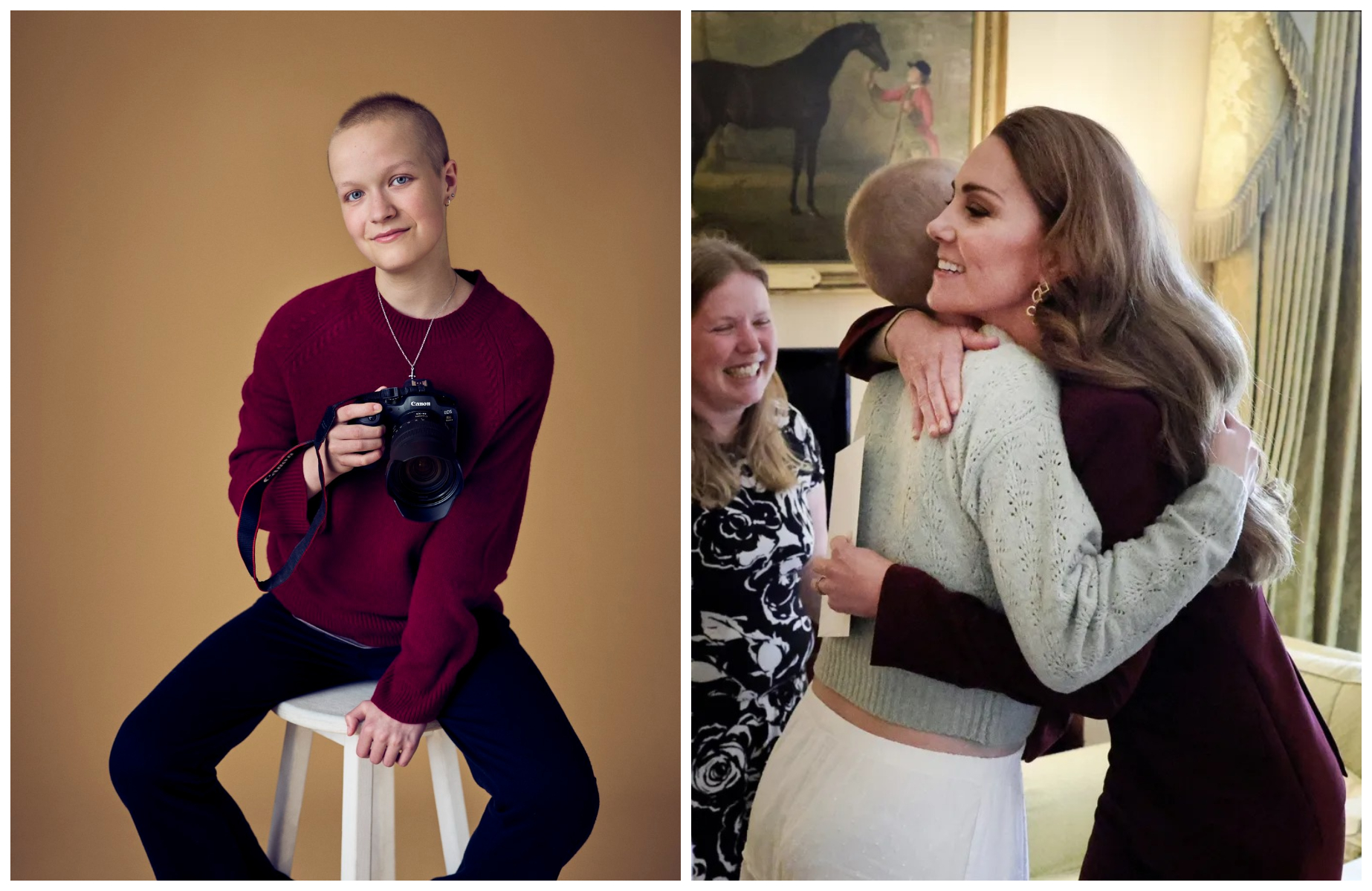 莉茲哈頓（左圖）27日病逝，上月她才在溫莎堡與凱特王妃見面（右圖）。（翻攝X@2ndtimeMama、@KensingtonRoyal）