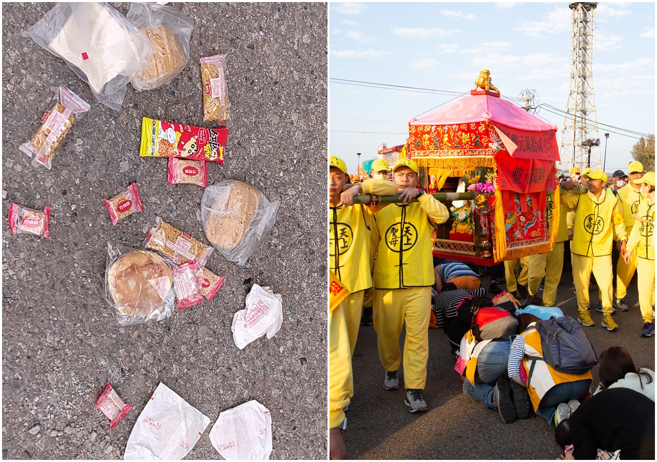 白沙屯媽祖為期9天8夜的進香活動，但有網友發現，有人拿了供餐不吃隨意亂丟。（翻攝自白沙屯媽祖全球徒步聯誼會／本刊資料照）