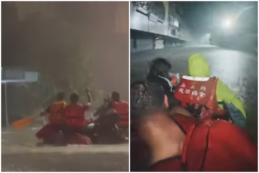 除了高雄，嘉義縣市也造成嚴重的淹水災情，消防隊更出動橡皮艇，救援受困民眾。（翻攝畫面）