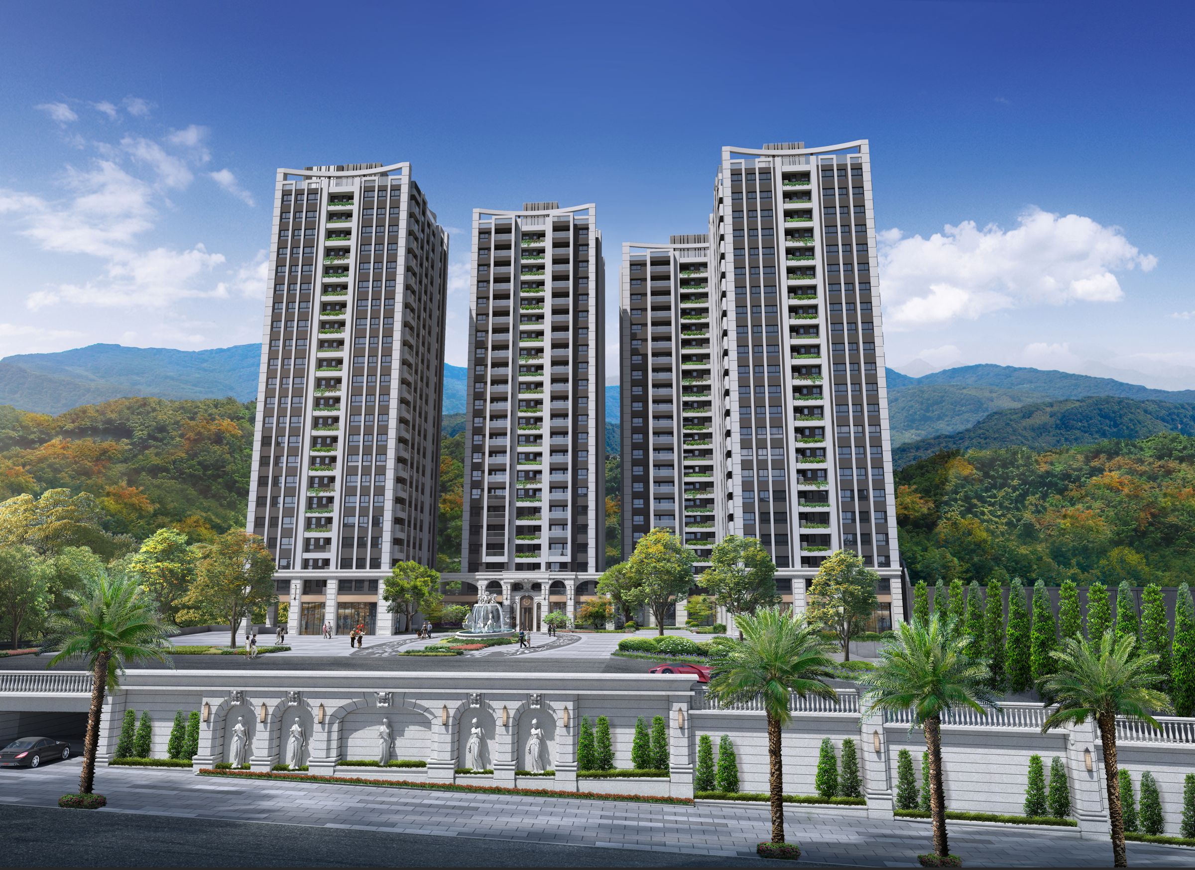 甲山林「美麗上城」也是基隆新建案中,罕見擁有垂直綠化規劃的建案。(圖為3D透視示意圖)