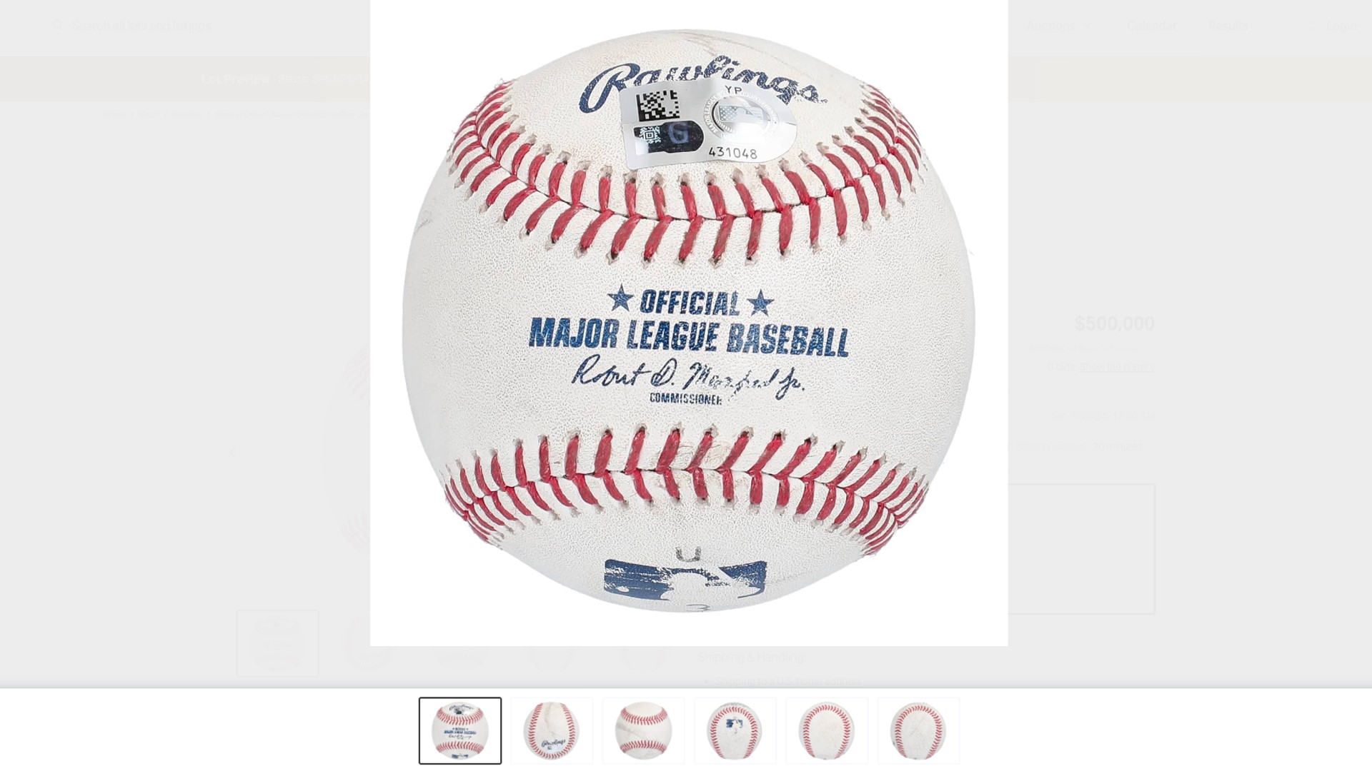 大谷翔平的50轟50盜紀錄球已經上架拍賣，起標價為50萬美元。（翻攝goldin.co）