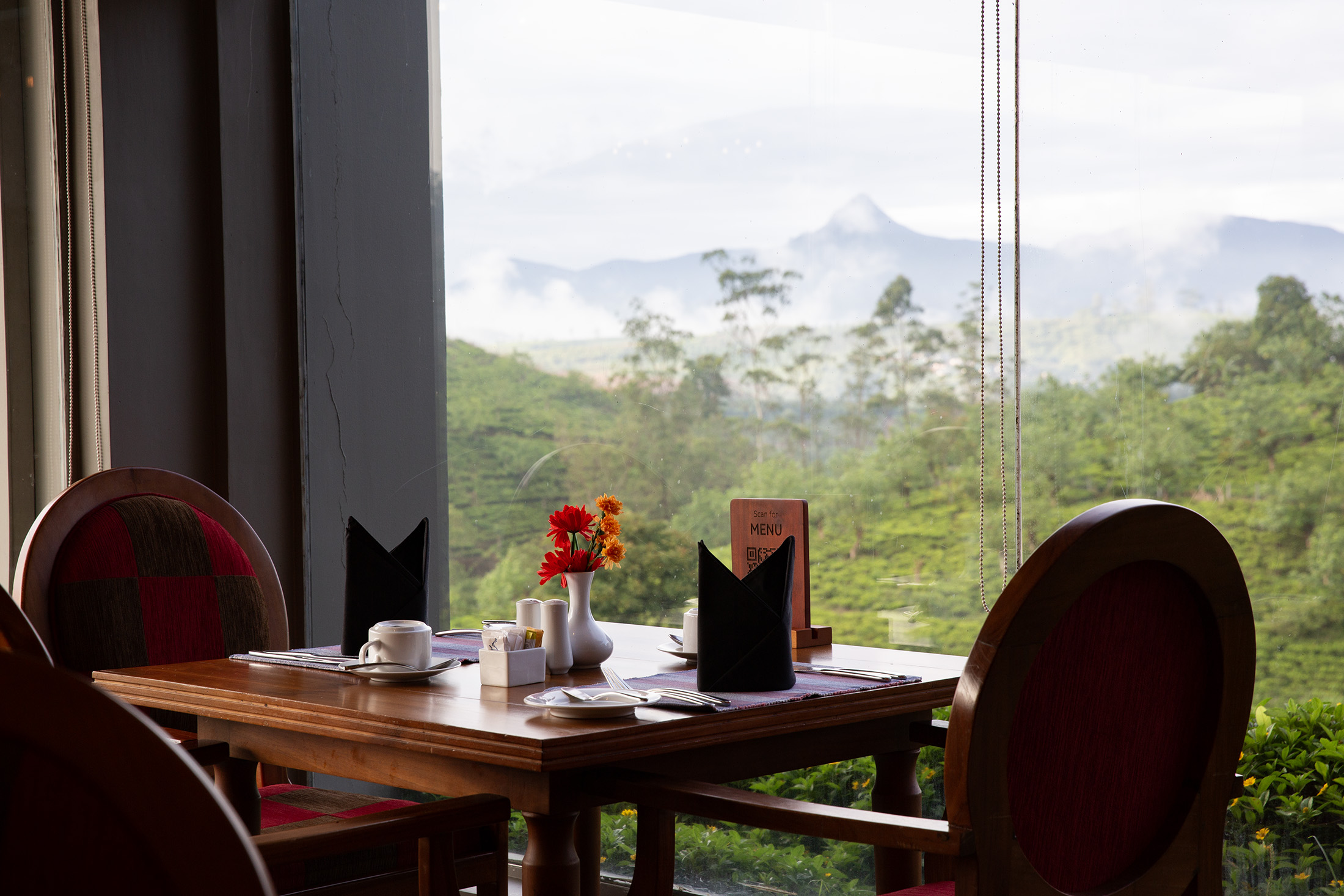 早晨用餐時，能從餐廳的窗外遠眺當地聖山「亞當峰（Adam’s Peak）」。