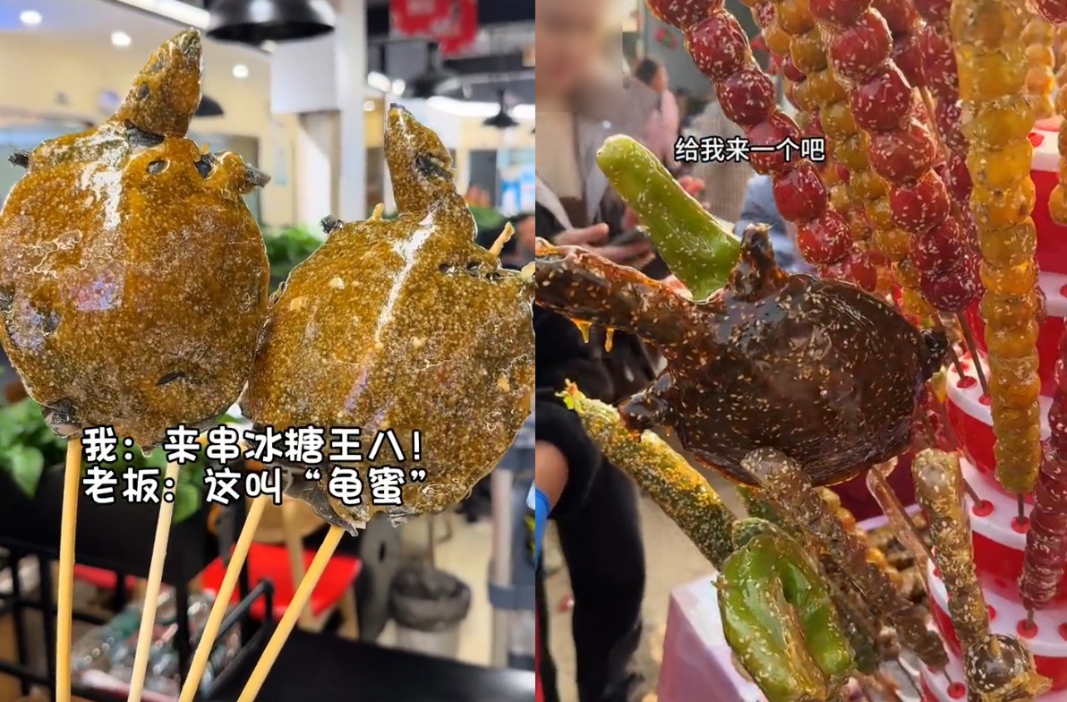 中國東北出現「冰糖龜蜜」的創意小吃，引發網紅爭相打卡試吃。（翻攝微博）