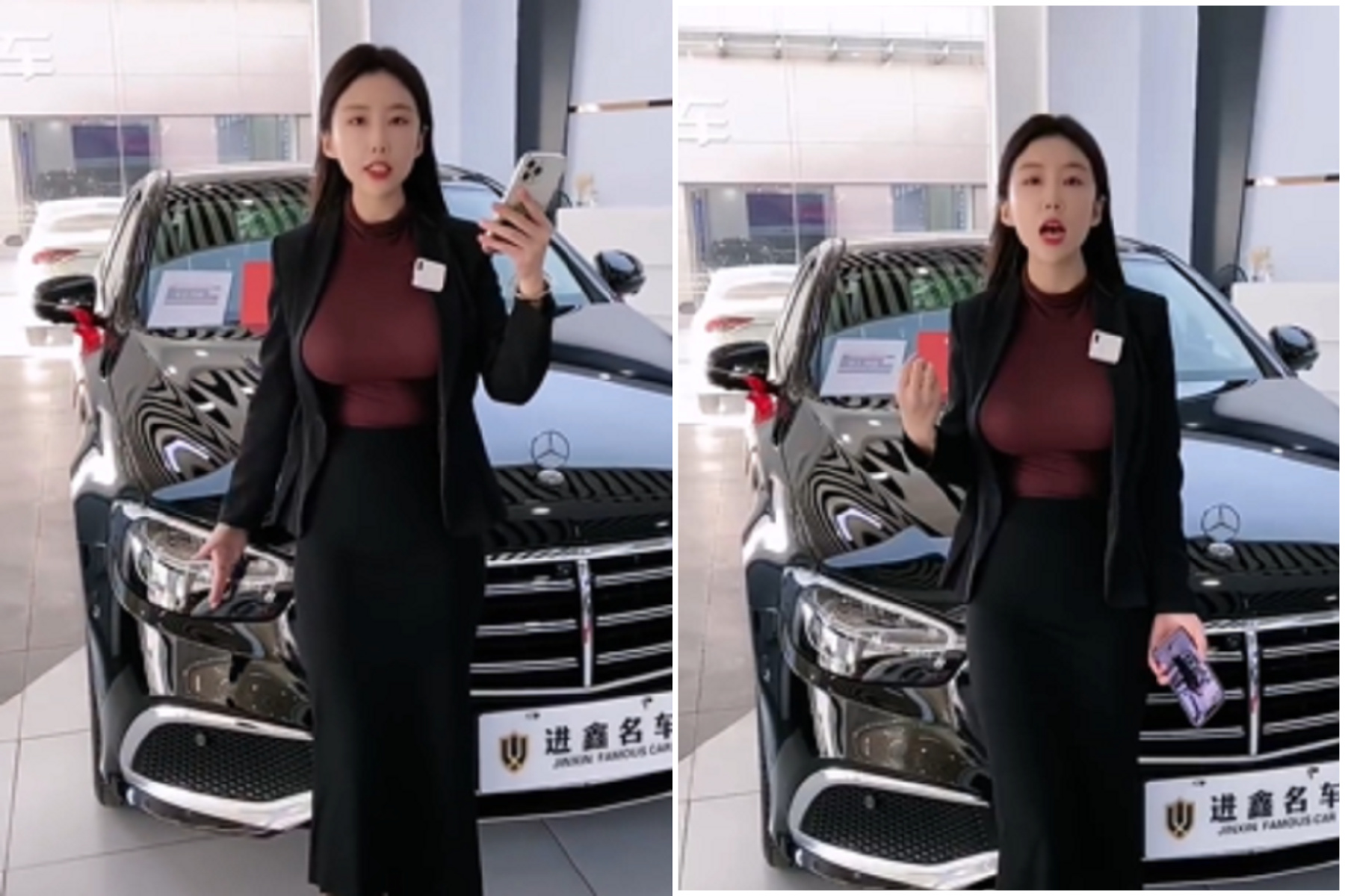 中國賣車業務真的凶！正妹端「胸器車頭燈」，老司機被暈得不要不要的。（翻自微博）