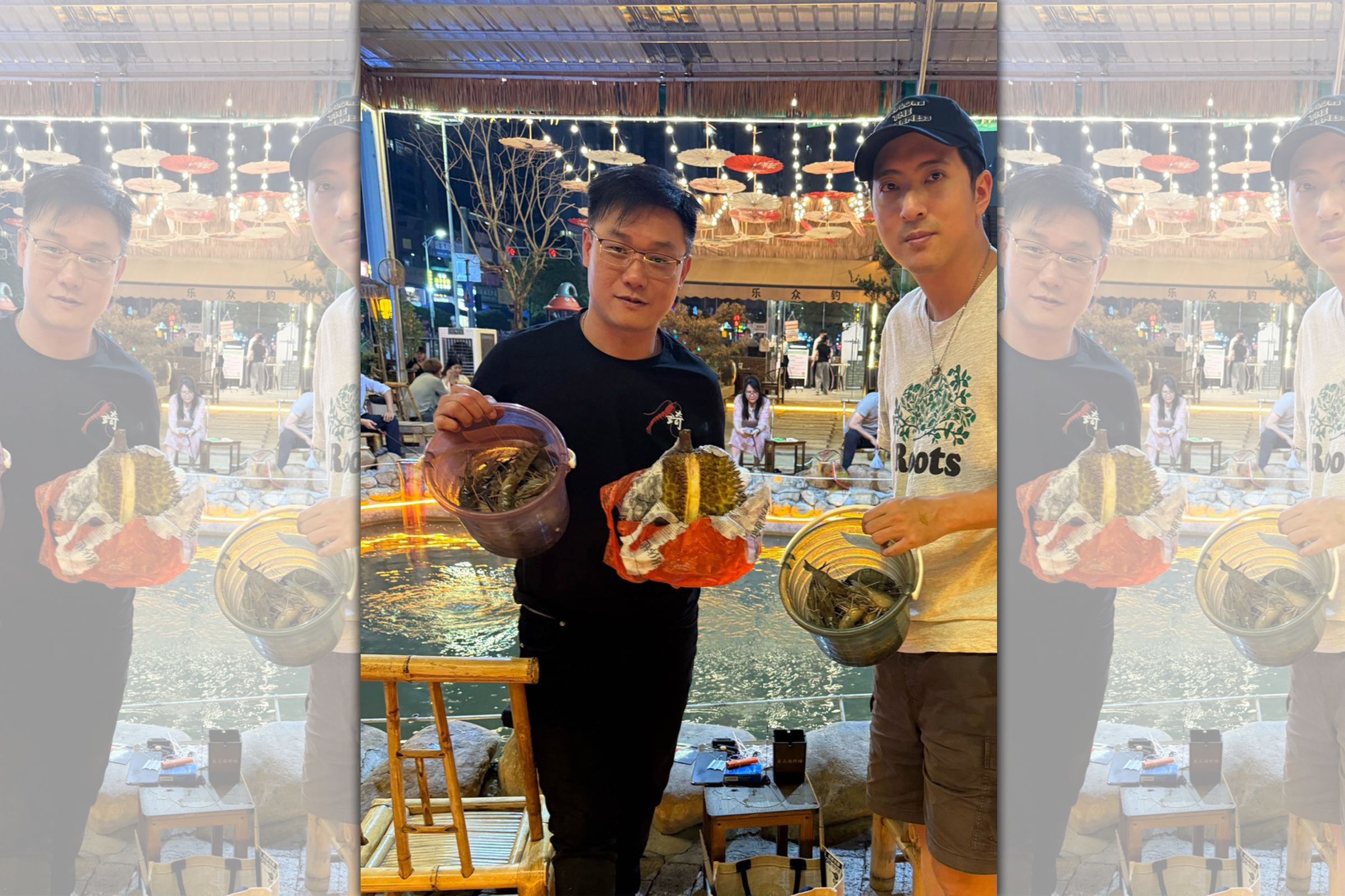 楊小錡（左）與阿綱（左）在中國大陸打個人賽，幾乎包辦冠亞軍，曾獲得三顆榴槤跟三顆西瓜。（楊小錡提供）