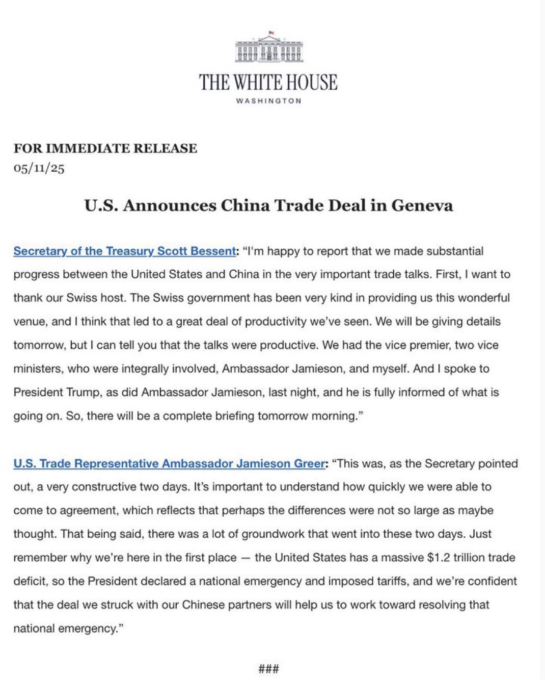 美中貿易談判結束後，白宮發布新聞稿。（翻攝自X@WhiteHouse）