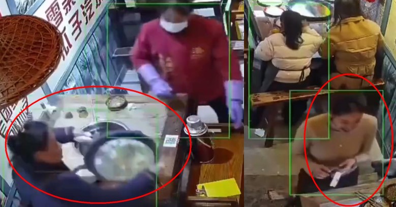 一名人妻不滿老公吃飯時一直偷瞄隔壁桌的美女，臨走前竟拿滾燙火鍋朝美女臉上潑灑。（翻攝微博）