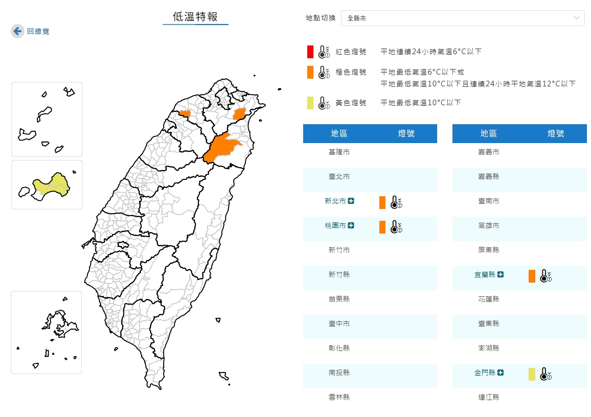 中央氣象署發布4縣市低溫特報。（翻攝自中央氣象署官網）