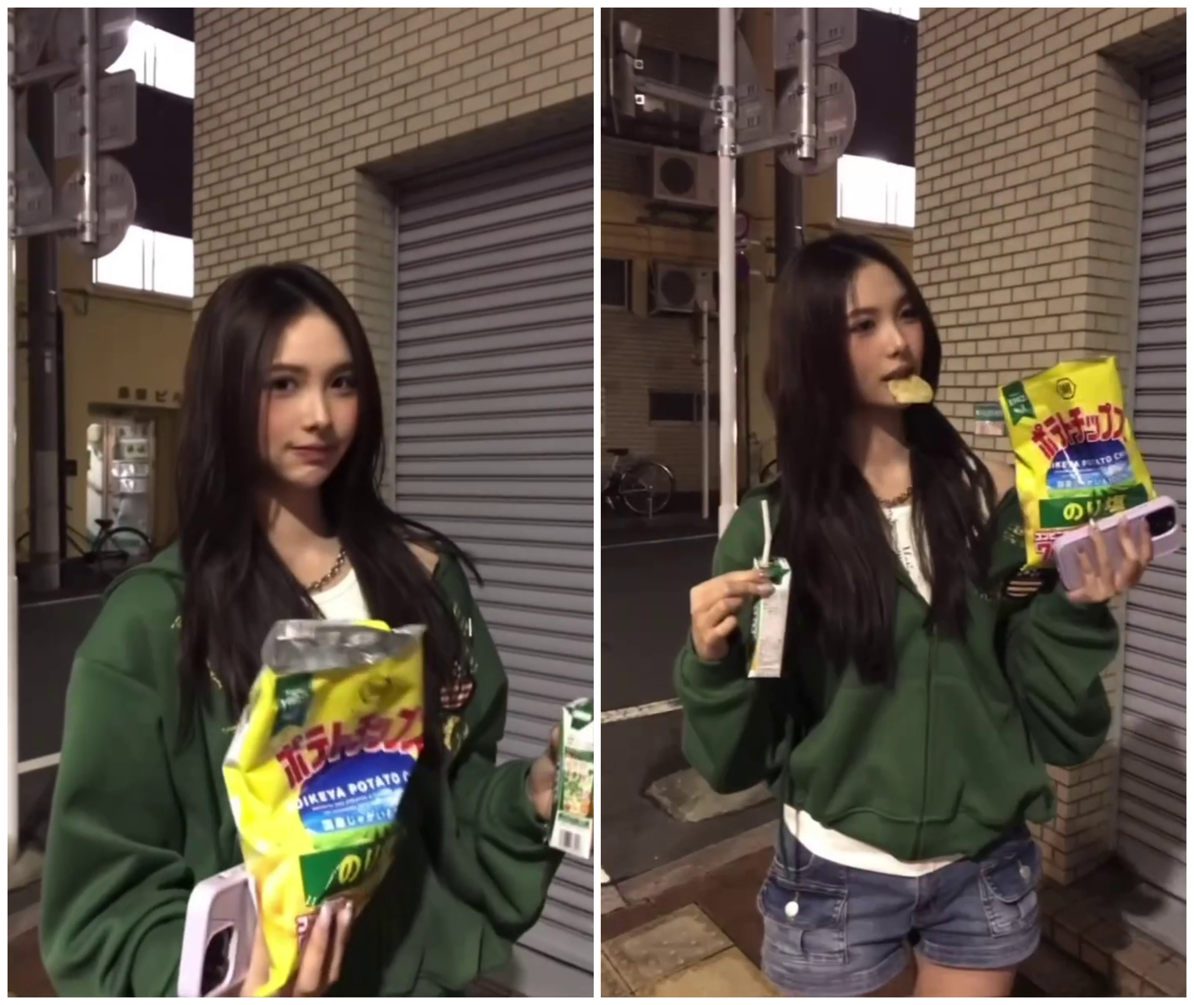 蔡中泠在東京街頭拍短影片，叼著洋芋片模樣可愛。（翻攝蔡詩萍臉書）