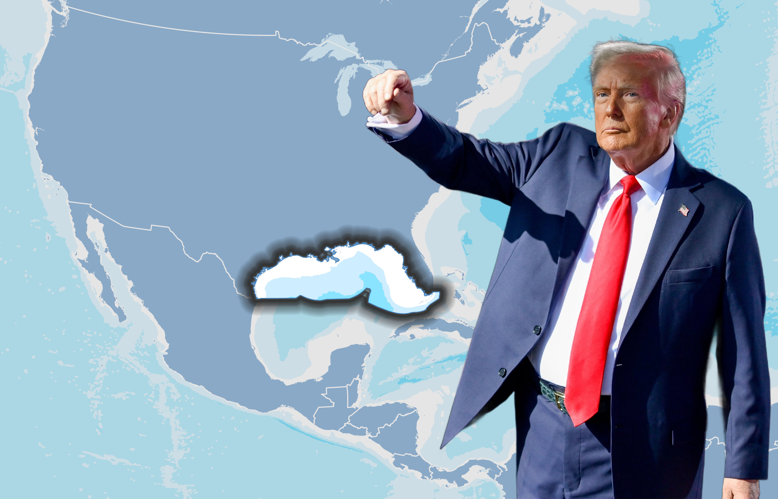 川普說近日要將墨西哥灣改名為「美洲灣」。（翻攝NOAA官網、川普臉書，本刊合成）