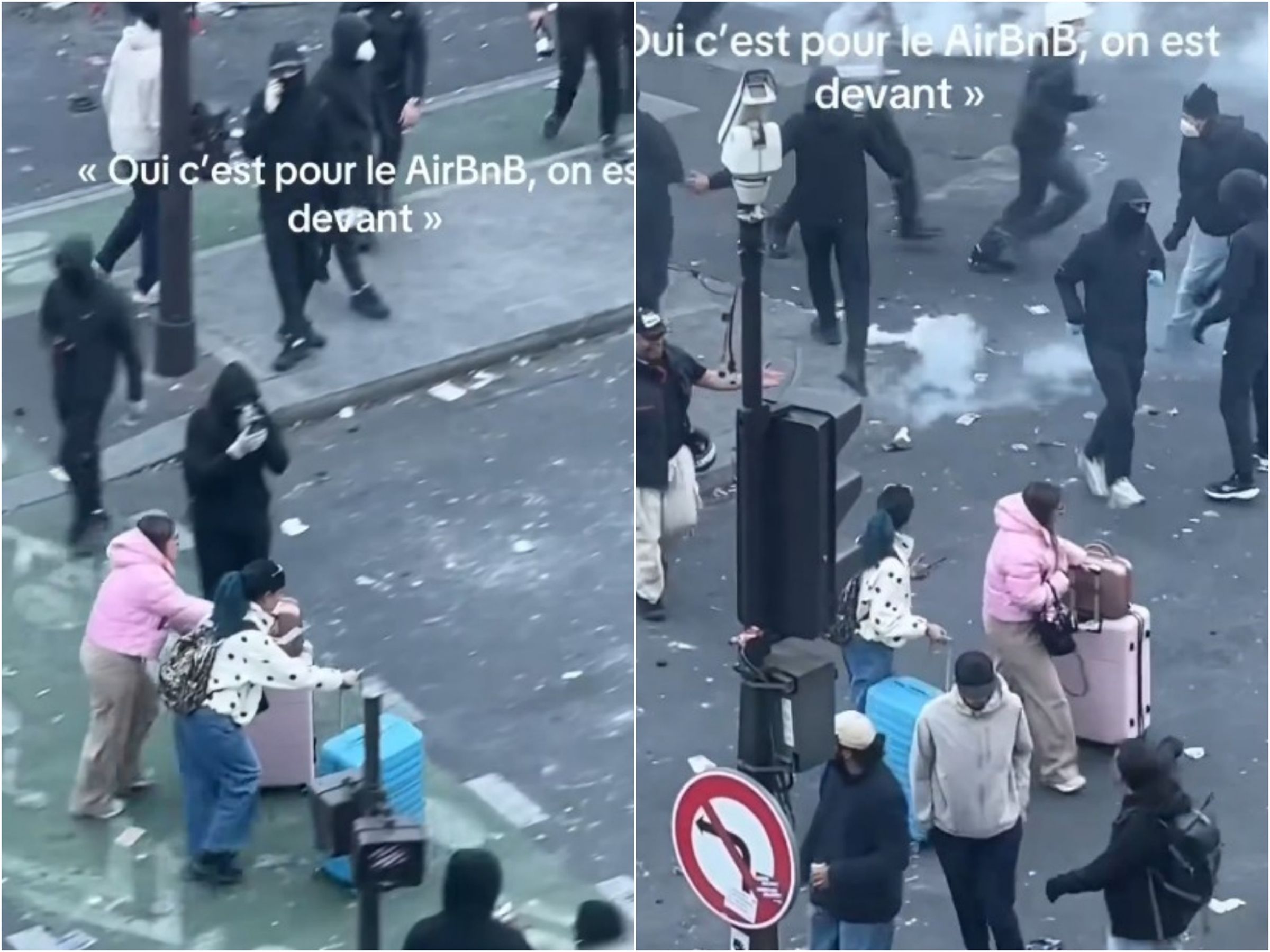法國暴動千人遭捕街頭亂成一團,2女遊客竟悠然自得的拉行李箱路過。(翻攝X)