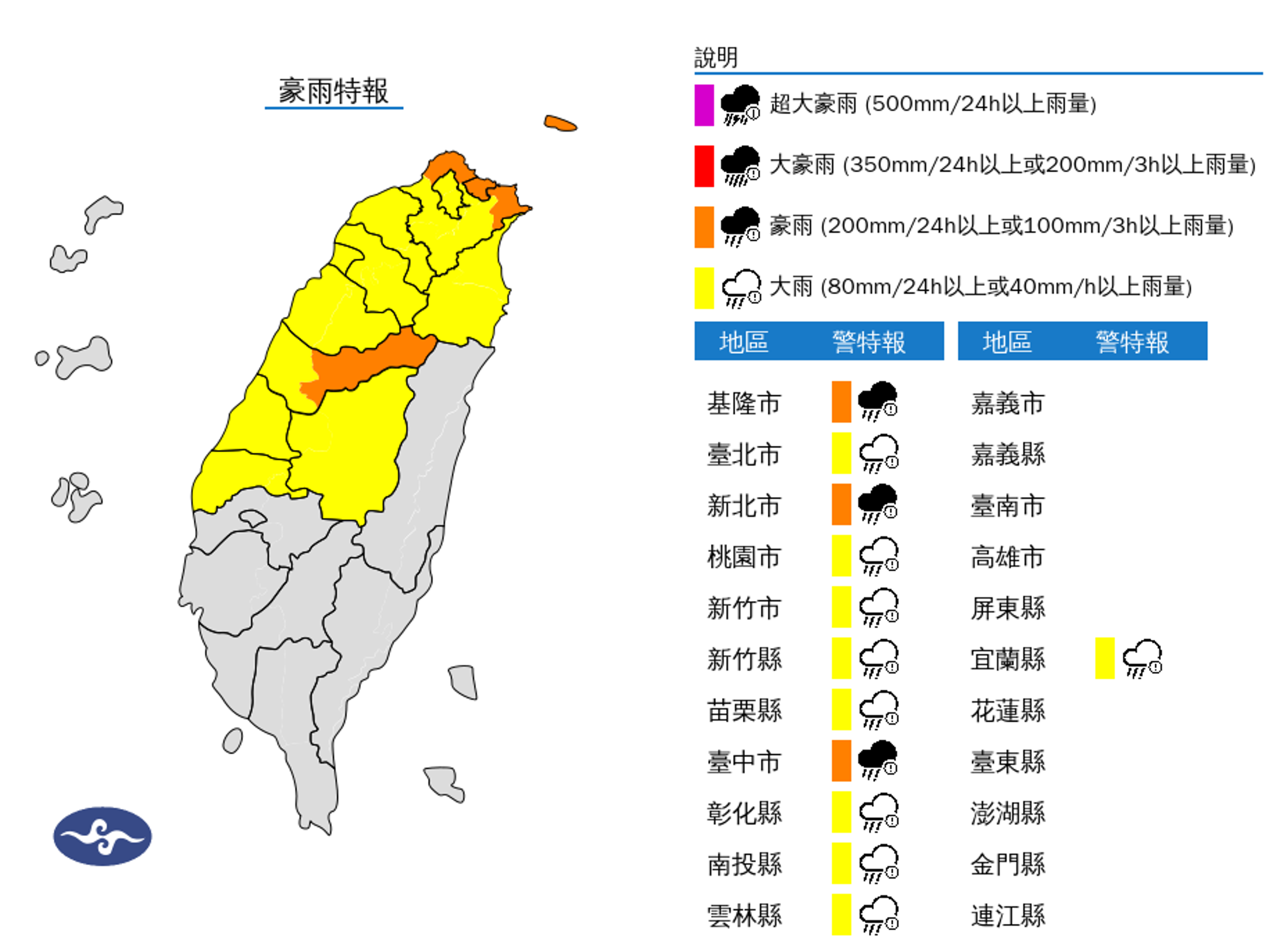 氣象署針對多處發布大雨特報，台中山區及基隆北海岸更是達到豪雨特報標準。（氣象署提供）