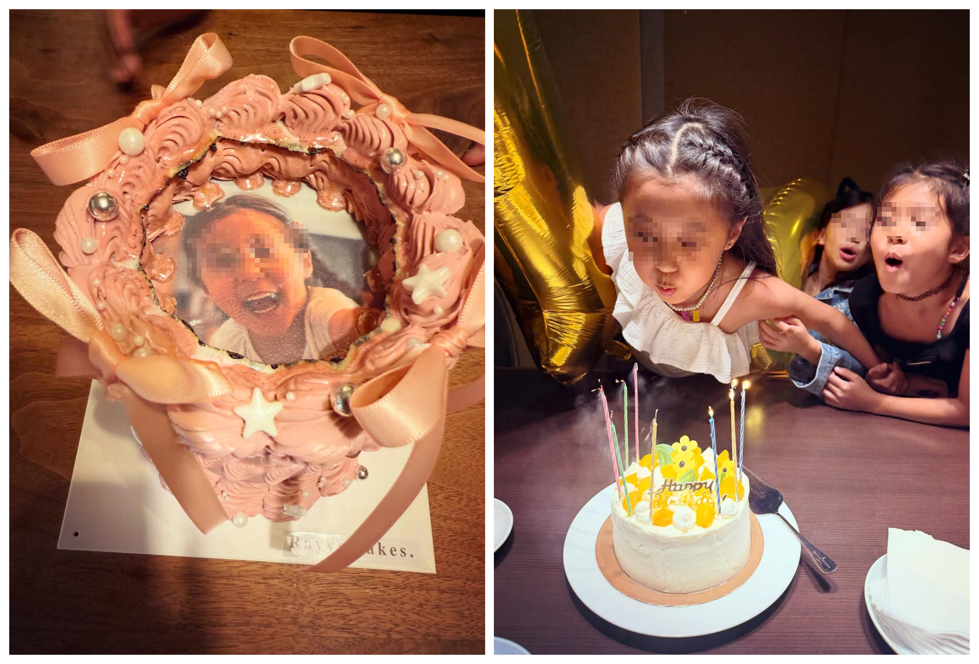 咘咘的過生日吹蠟燭,還有一個印有她照片的蛋糕。(翻攝賈靜雯IG)