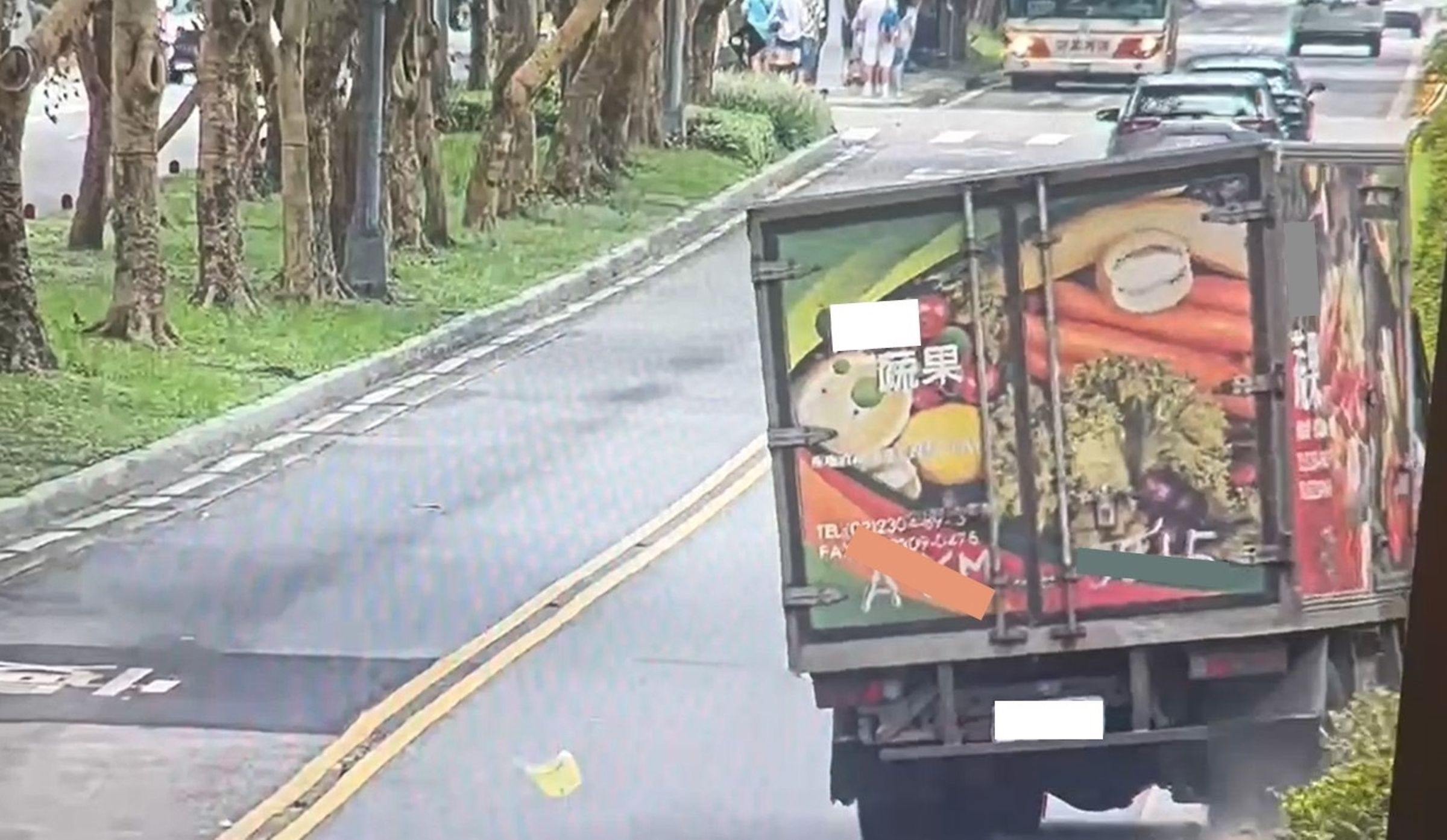 小貨車司機也因疲勞駕駛，自撞中央分隔島的行道樹。（翻攝畫面）